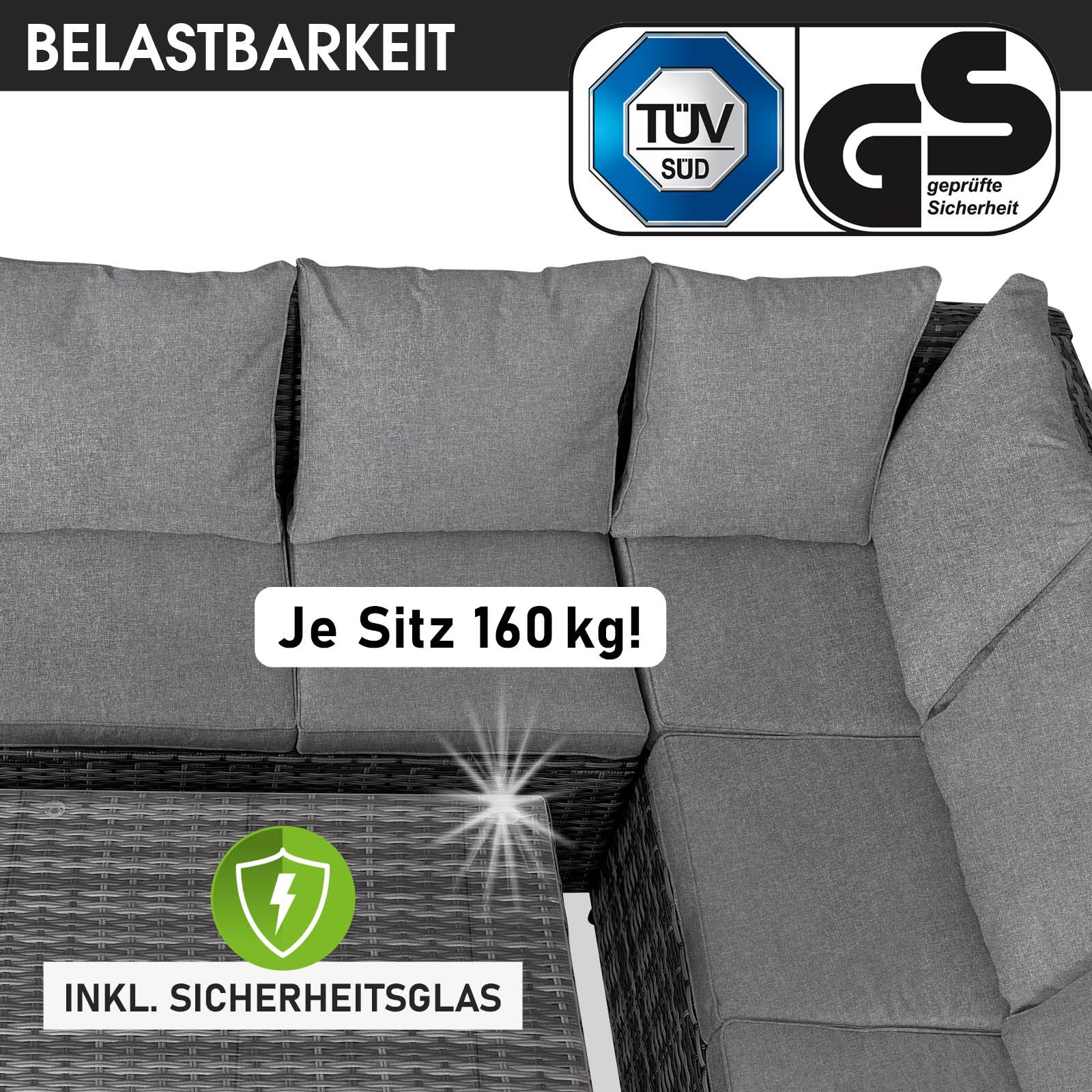 Poly-Rattan Eck Sitzgruppe ECO in Grau/Anthrazit mit grauen Kissen und Sicherheitsglas-Tischplatte, Gartengarnitur und.