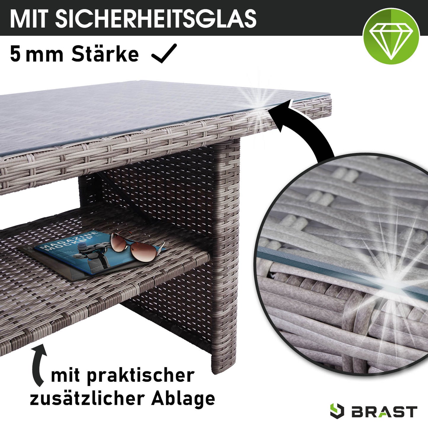 Poly-Rattan Gartengarnitur mit stabilem Tisch und praktischer Ablage, grau-anthrazit, Sitzgruppe Garten.