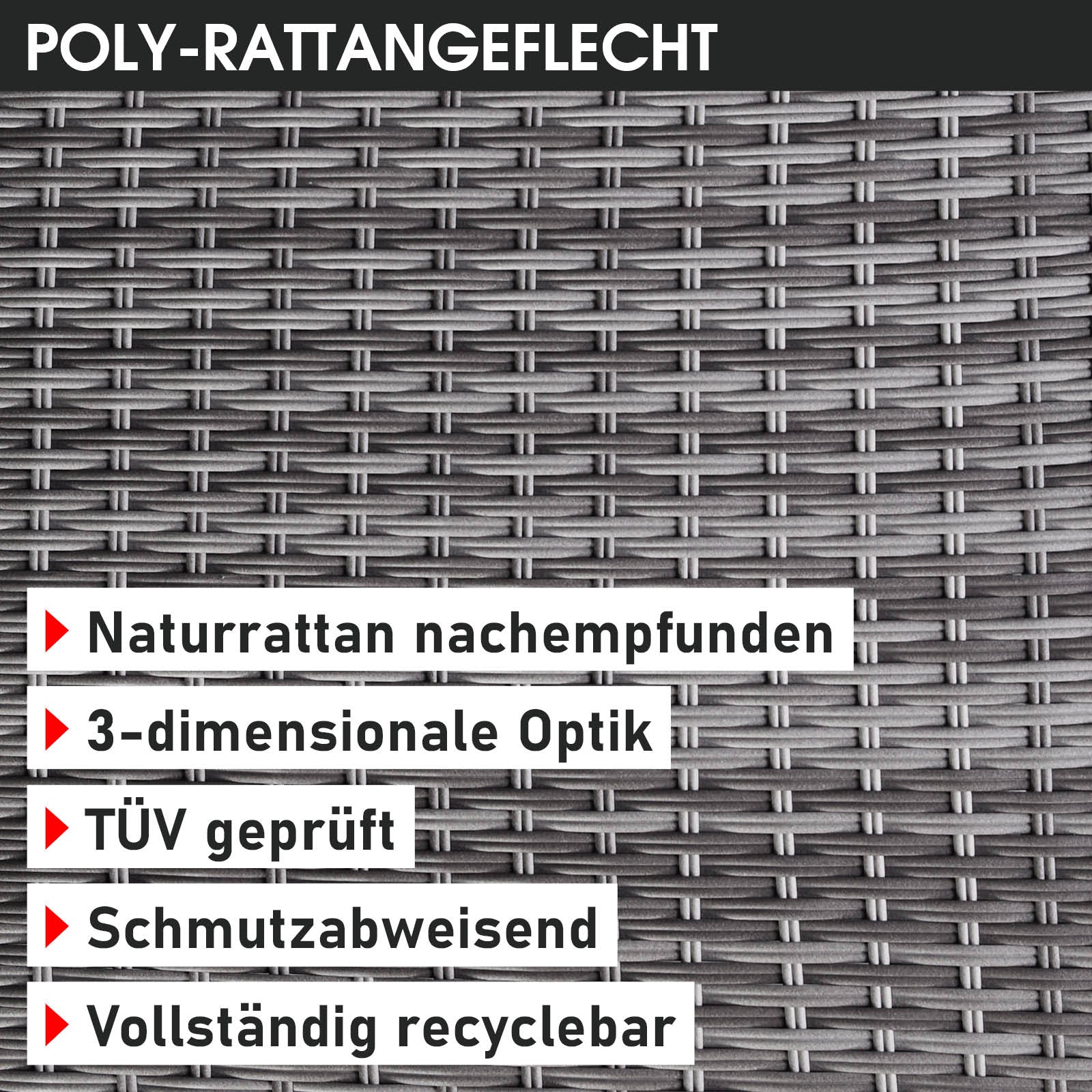 Grau-anthrazitfarbene Poly-Rattan Sitzgruppe mit 3D-Optik für Garten und Balkon, wetterfeste Gartengarnitur.