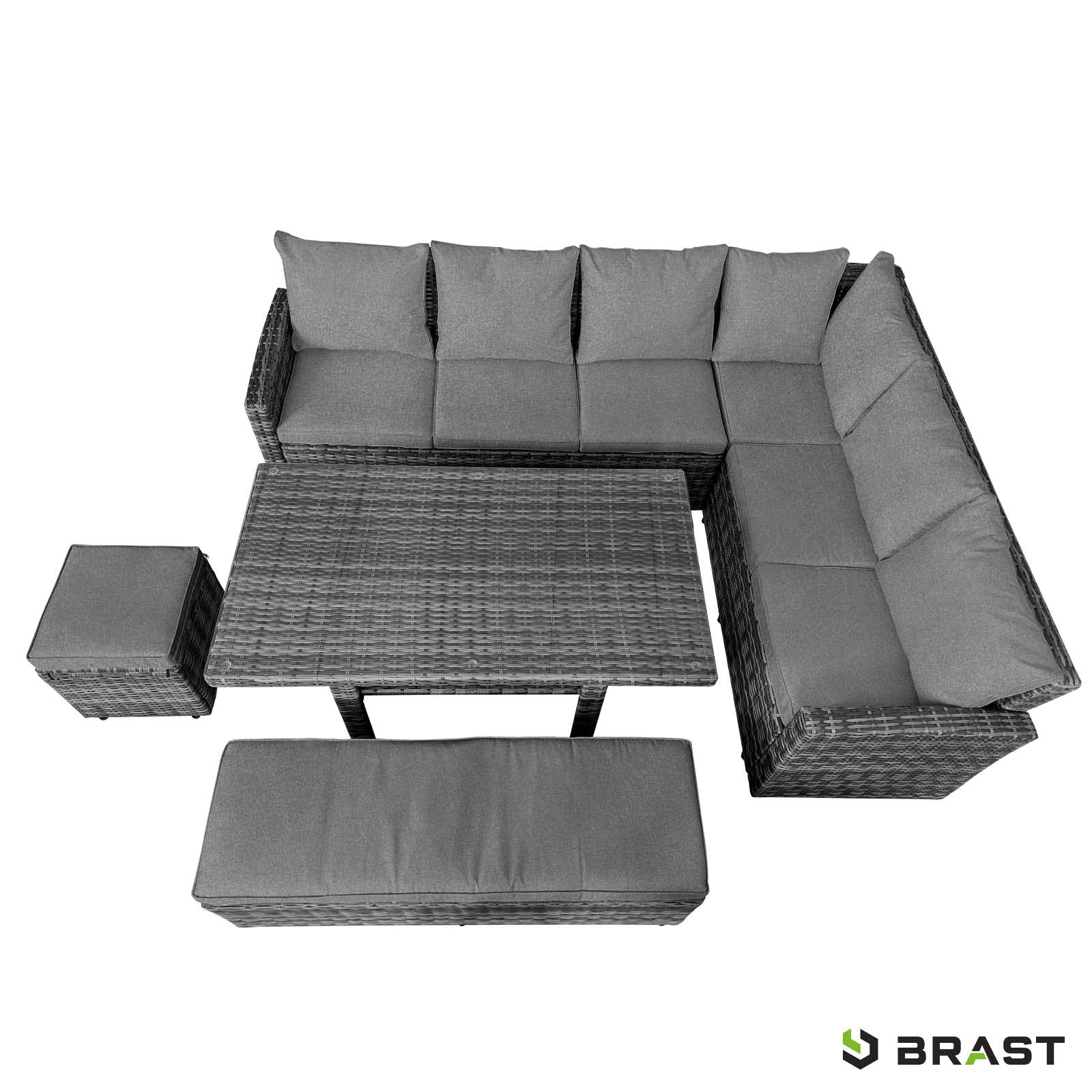 Graue Poly-Rattan Gartengarnitur mit Ecksofa, Tisch, Hocker und Bank für Balkon und Garten.