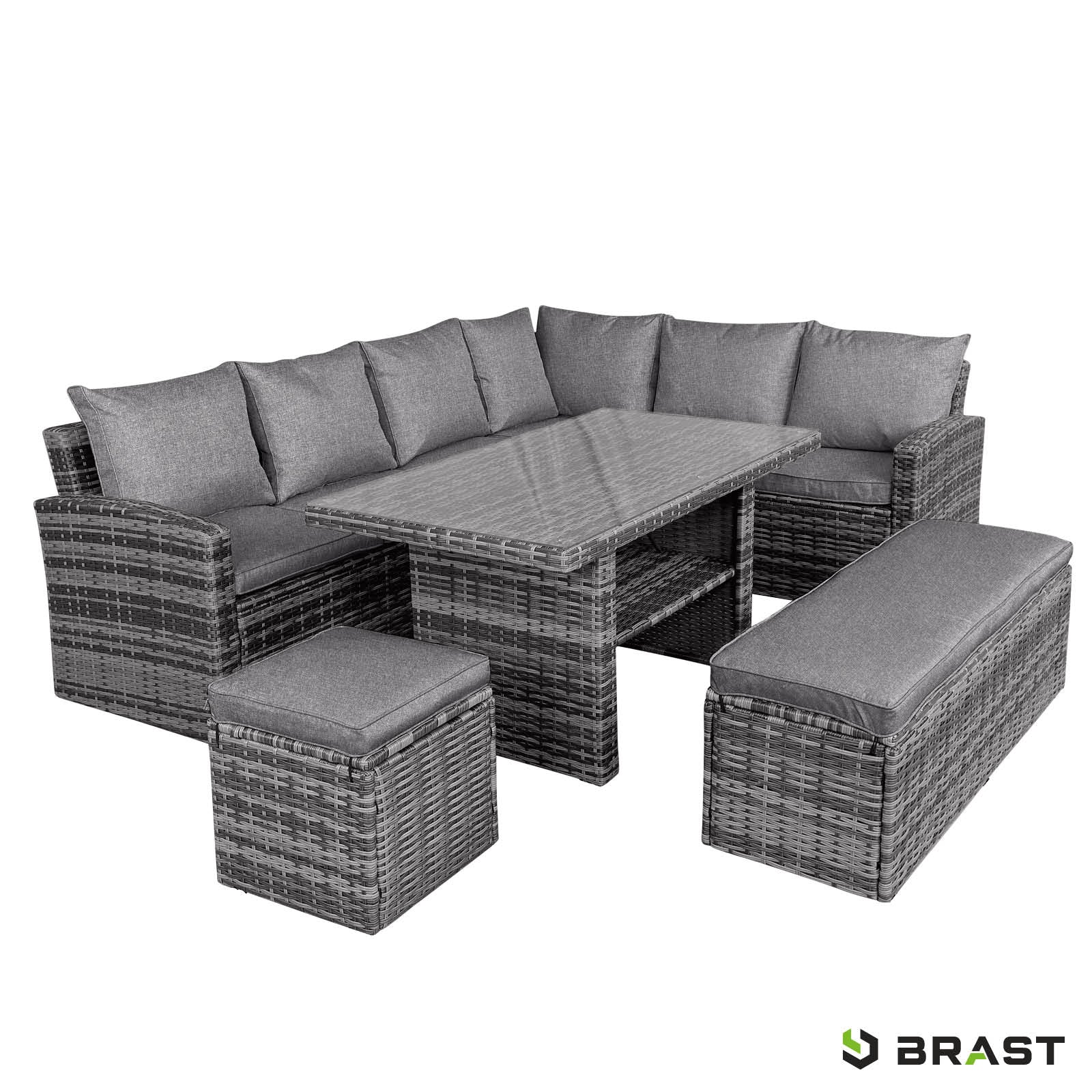 Graue Poly-Rattan Gartengarnitur mit Ecksofa, Kissen, Tisch, Hocker und Bank, Sitzgruppe Garten.