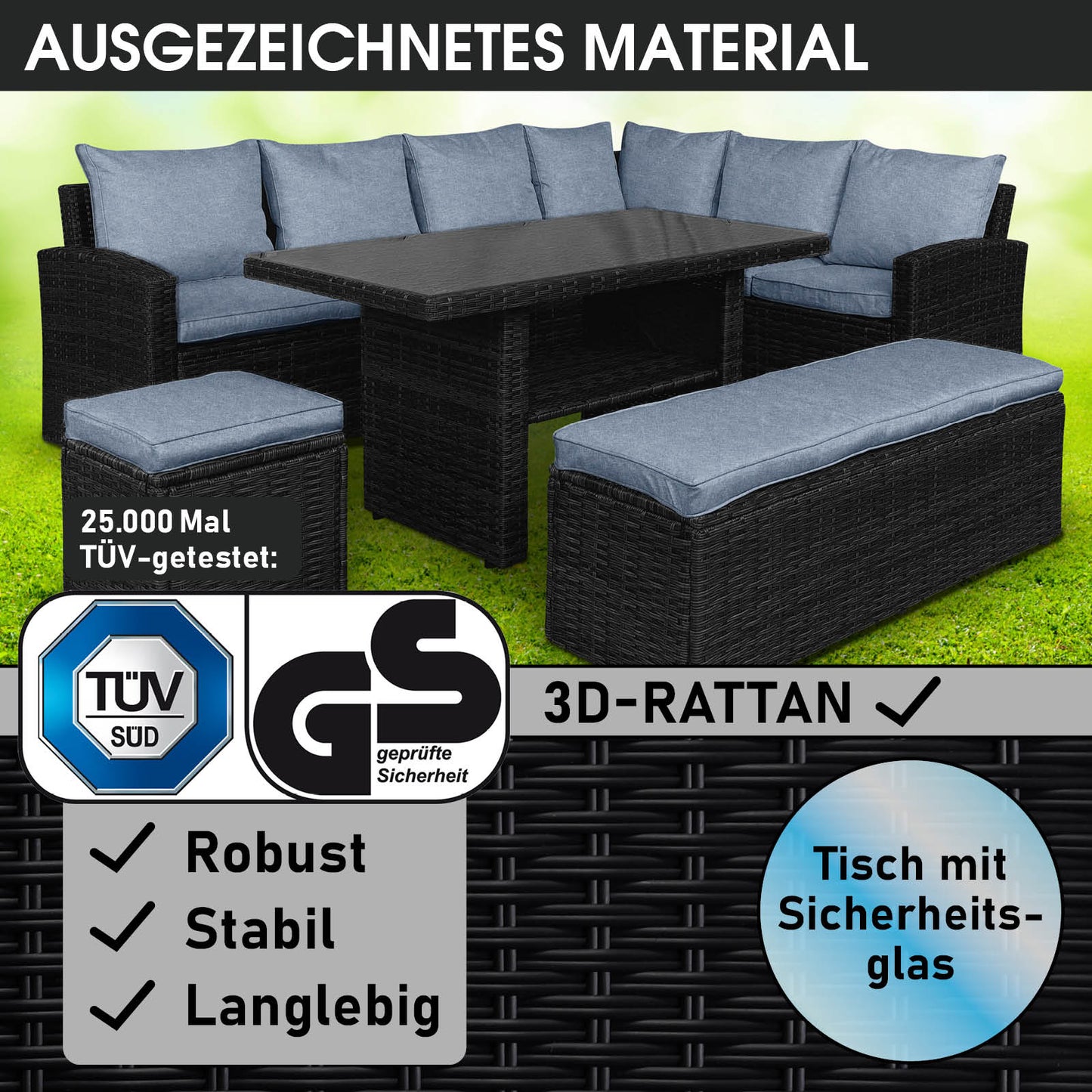 Schwarze Poly-Rattan Gartengarnitur mit blau gepolsterter Sitzgruppe Garten für Balkon und Terrasse.