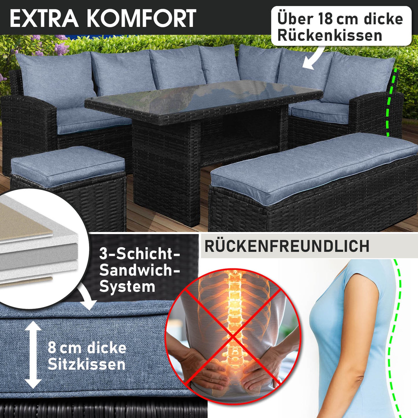 Schwarze Poly-Rattan Sitzgruppe Garten mit blauen Polstern, Ecksofa und gepolsterten Sitz- und Rückenkissen, Gartenmöbel.