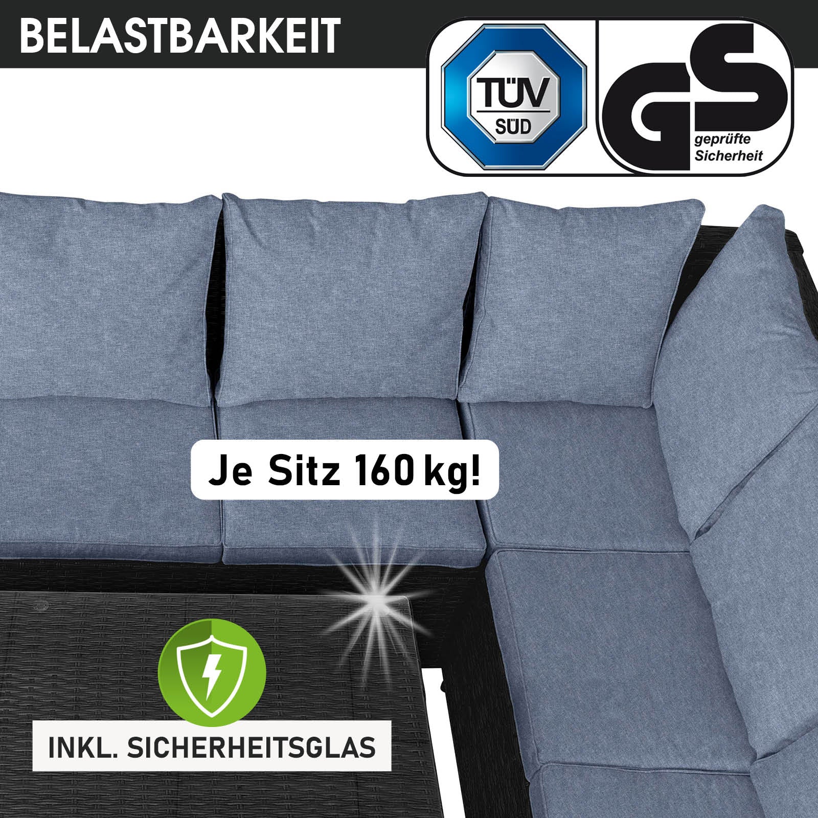 Schwarze Poly-Rattan Eck Sitzgruppe mit blauen Polstern, Gartengarnitur für Balkon und Garten.