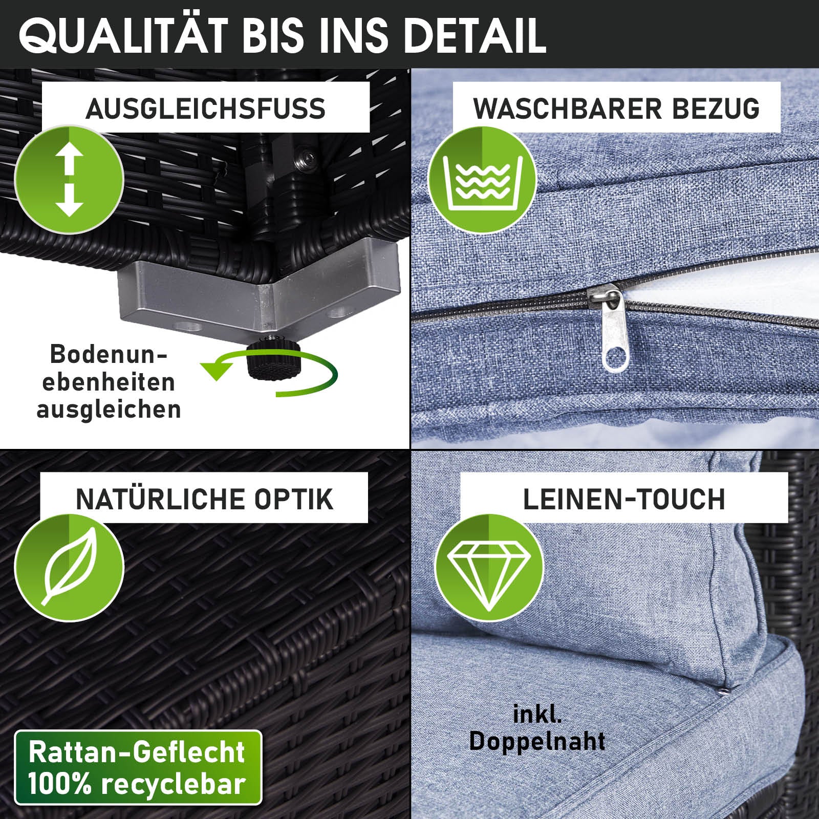 Poly-Rattan Eck Sitzgruppe ECO mit schwarzem Rattan-Geflecht und blauen waschbaren Bezügen, Balkon Sitzgruppe Gartenmöbel.