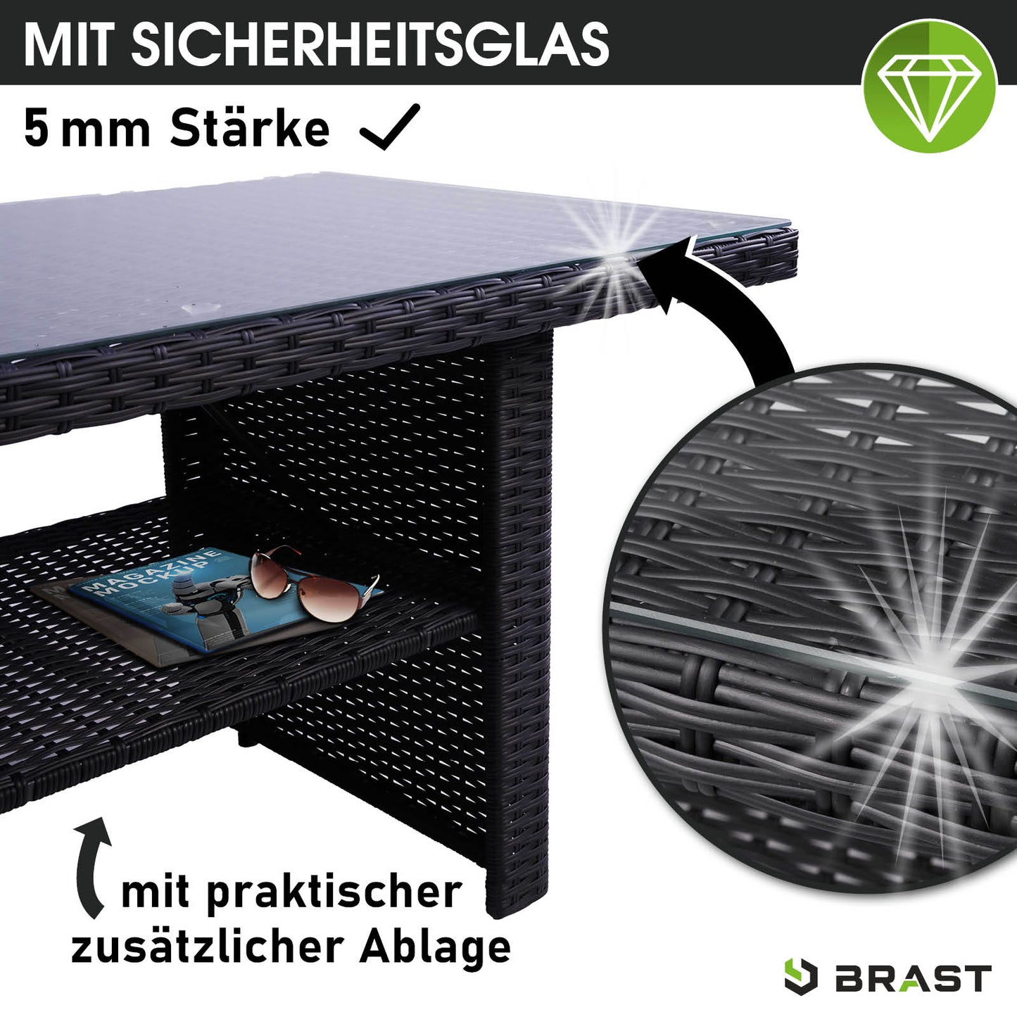 Schwarze Poly-Rattan Gartengarnitur mit praktischem Ablagefach und 5 mm Sicherheitsglas Tischplatte, sitzgruppe garten,.