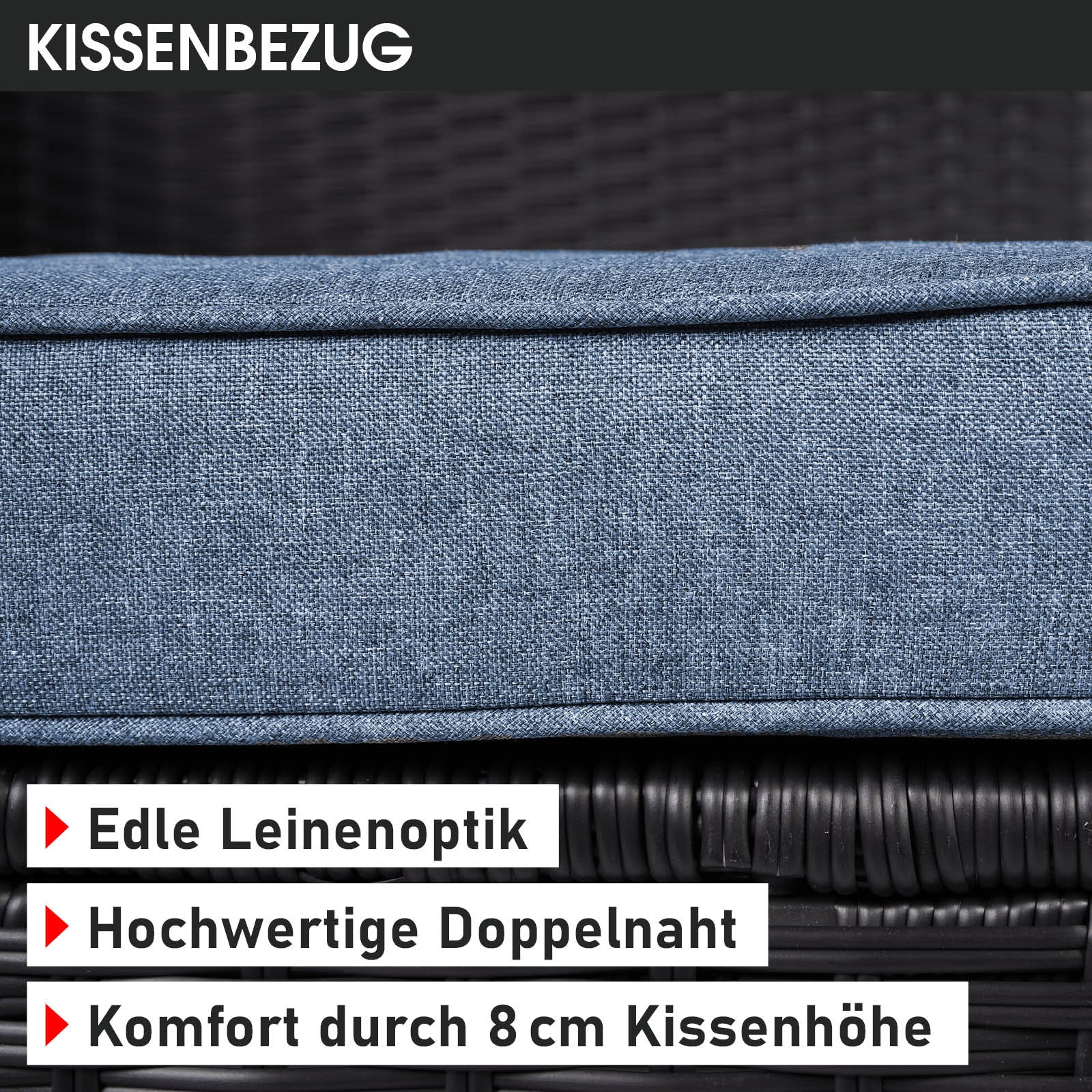 Kissenbezug in edler Leinenoptik mit hochwertiger Doppelnaht, 8 cm Kissenhöhe für komfortable Gartengarnitur Sitzgruppe.
