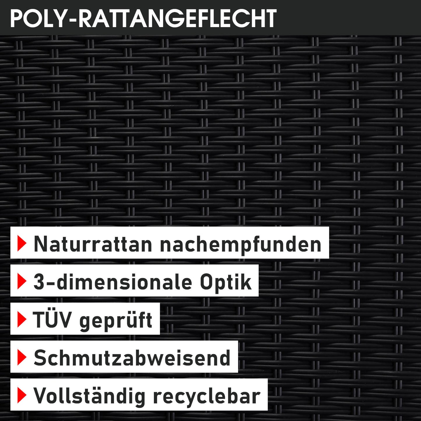 Schwarze Poly-Rattan Eck Sitzgruppe mit blauer Polsterung als Gartenmöbel Sitzgruppe für Balkon und Garten.