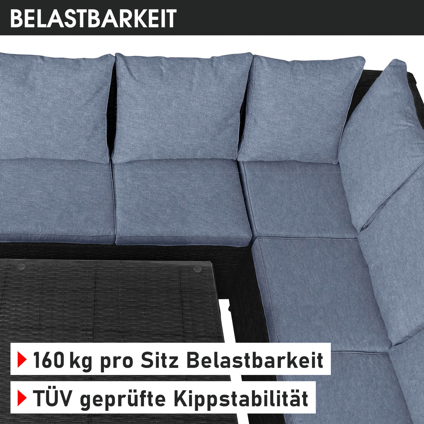 Schwarze Poly-Rattan Gartengarnitur mit blauen Polsterkissen, Eck Sitzgruppe Garten, Balkon Sitzgruppe, Gartenmöbel.
