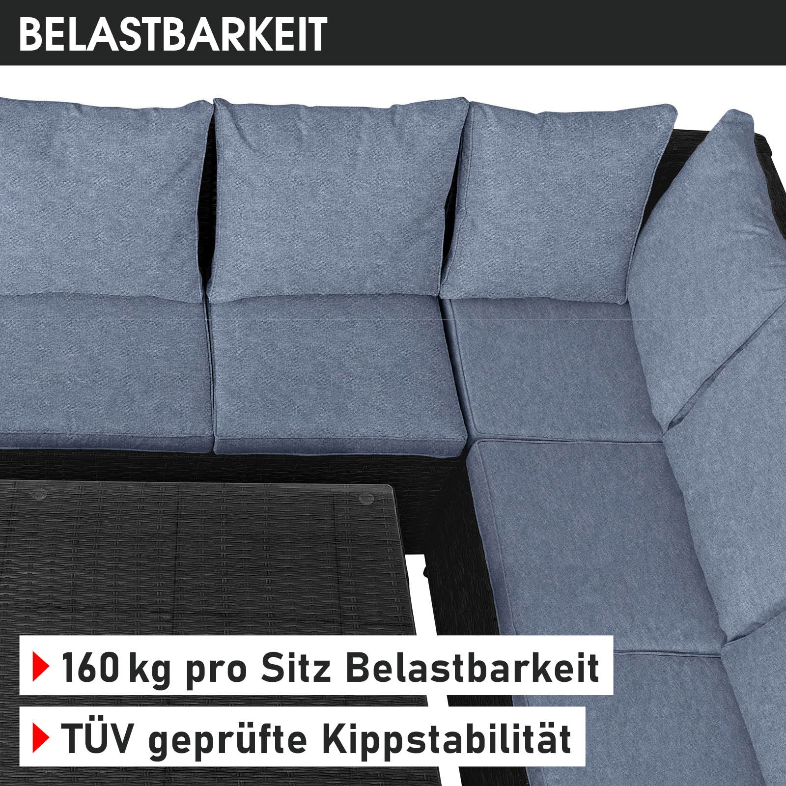 Schwarze Poly-Rattan Gartengarnitur mit blauen Polsterkissen, Eck Sitzgruppe Garten, Balkon Sitzgruppe, Gartenmöbel.