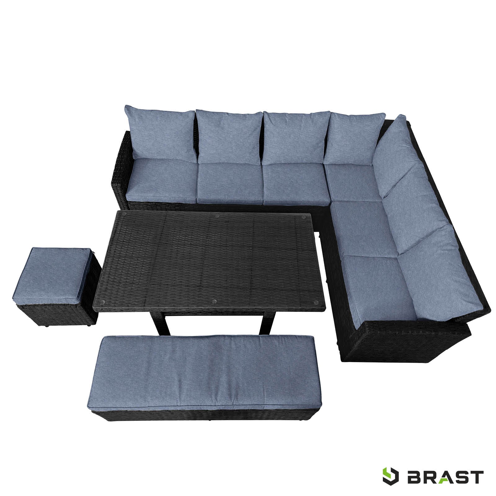Schwarze Poly-Rattan Gartengarnitur mit blauen Polstern, Eck-Sitzgruppe Garten mit Tisch und Hocker.