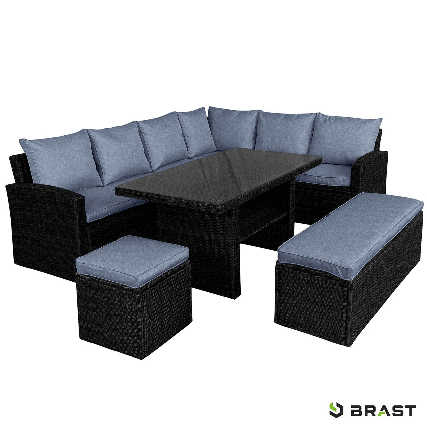 Schwarze Poly-Rattan Eck Sitzgruppe mit blauen Polstern, Gartengarnitur für Balkon und Garten, moderne Rattan Sitzgruppe mit .