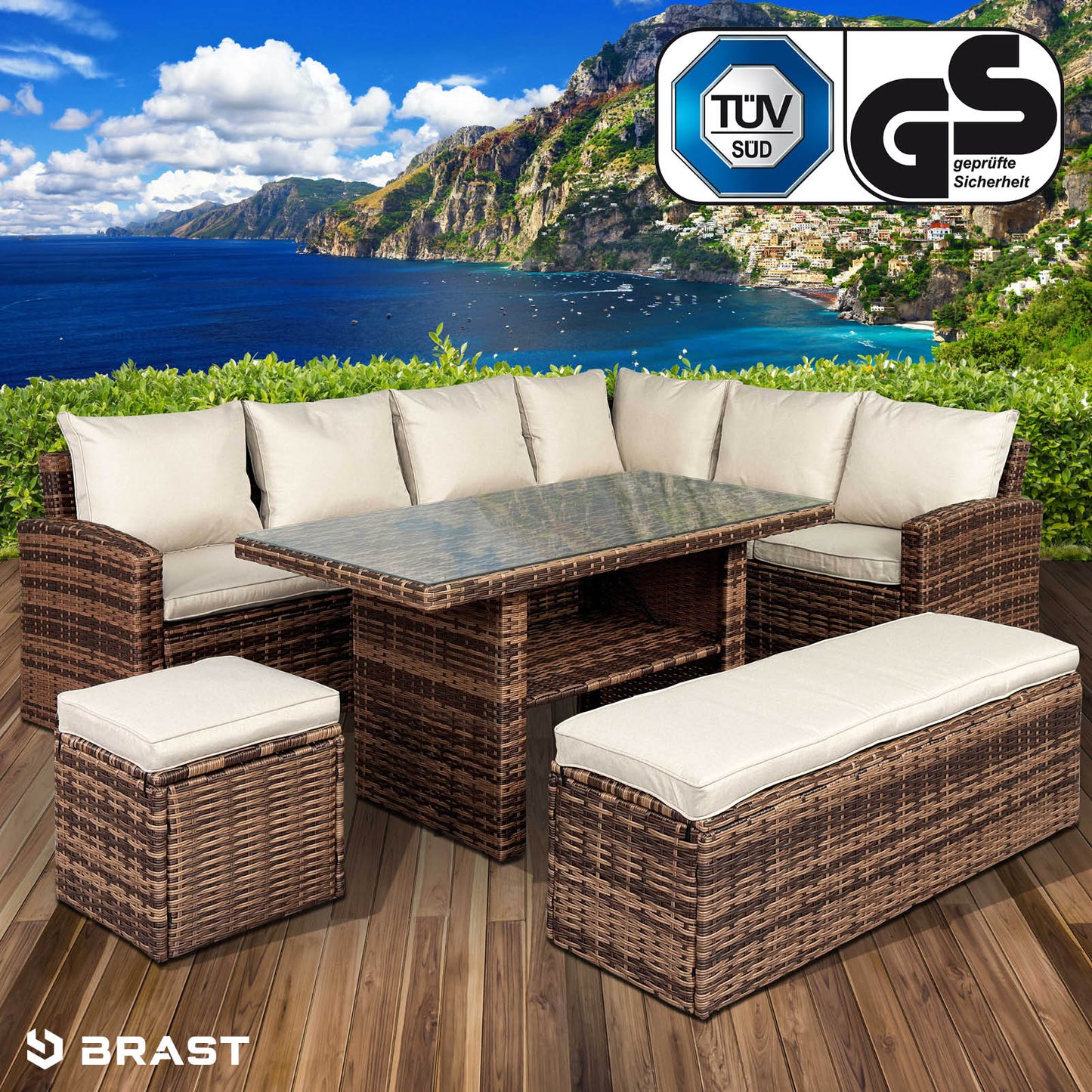 Braune Poly-Rattan Gartengarnitur mit beige Polstern, Eck Sitzgruppe Gartenmöbel Sitzgruppe für Balkon und Garten.