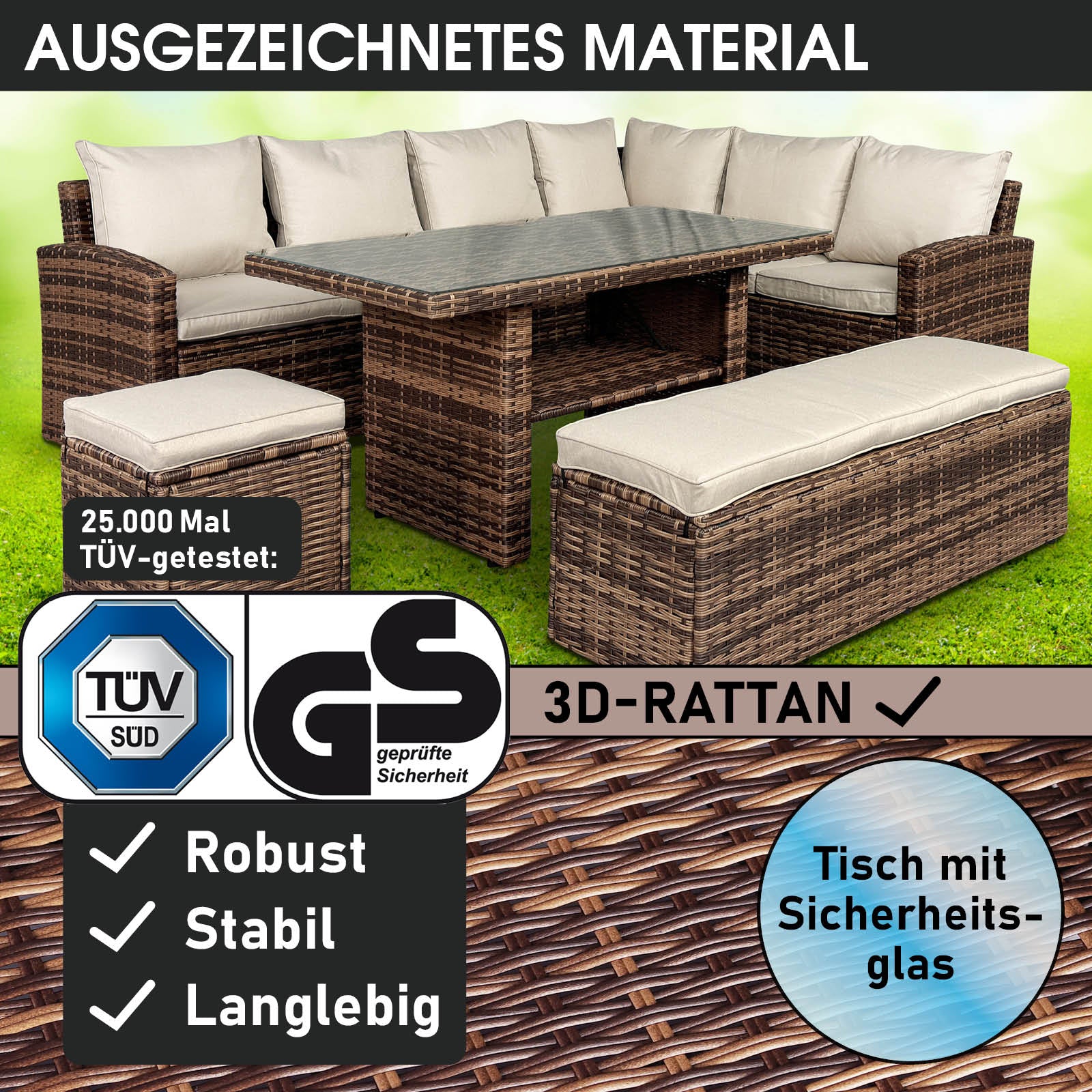 Braune Poly-Rattan Gartengarnitur mit eckiger Sitzgruppe, beige Polster, Sicherheitsglas-Tisch, Gartenmöbel Sitzgruppe.