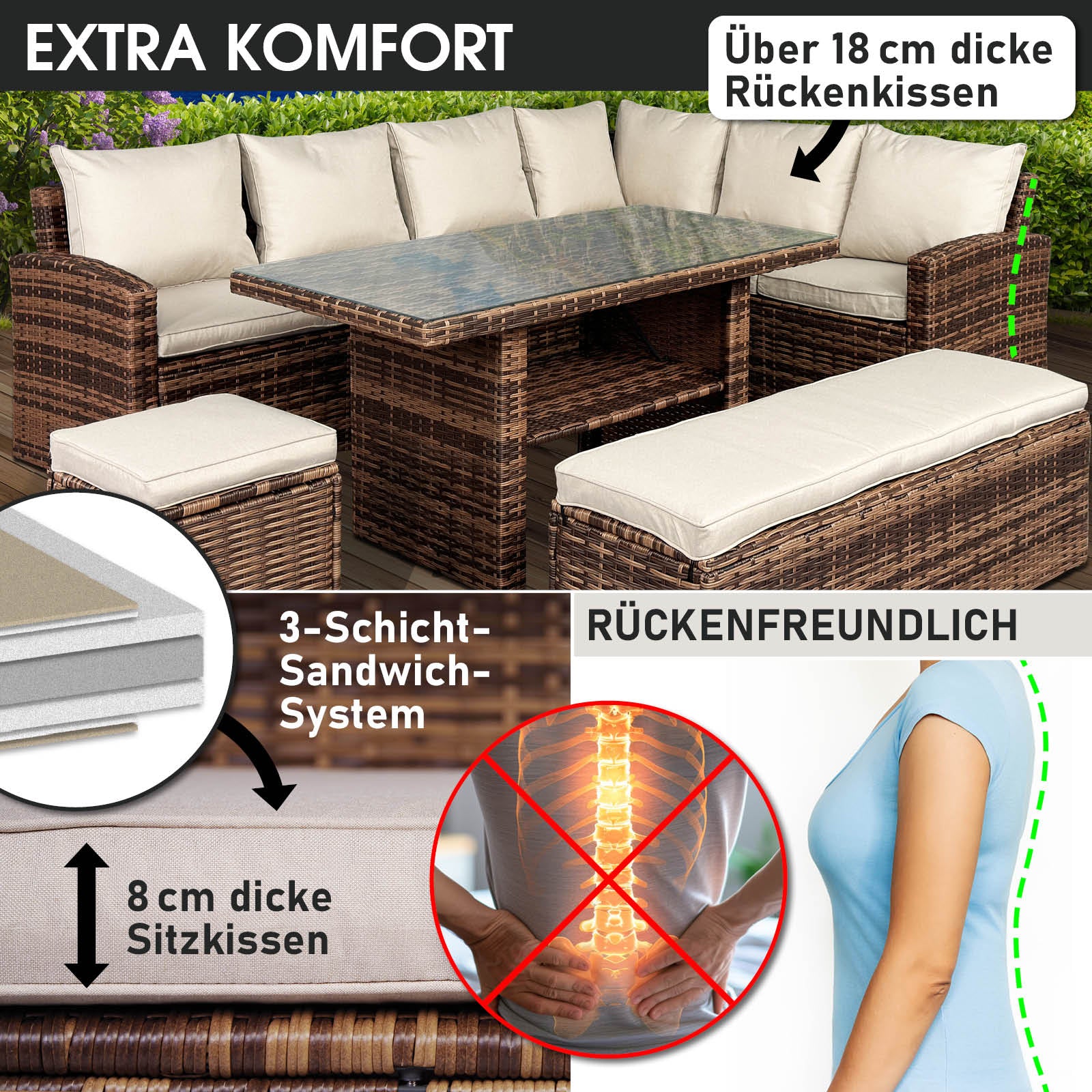 Braune Poly-Rattan Gartengarnitur mit beige Sitz- und Rückenkissen, Eck-Sitzgruppe Gartenmöbel Sitzgruppe für Balkon und.