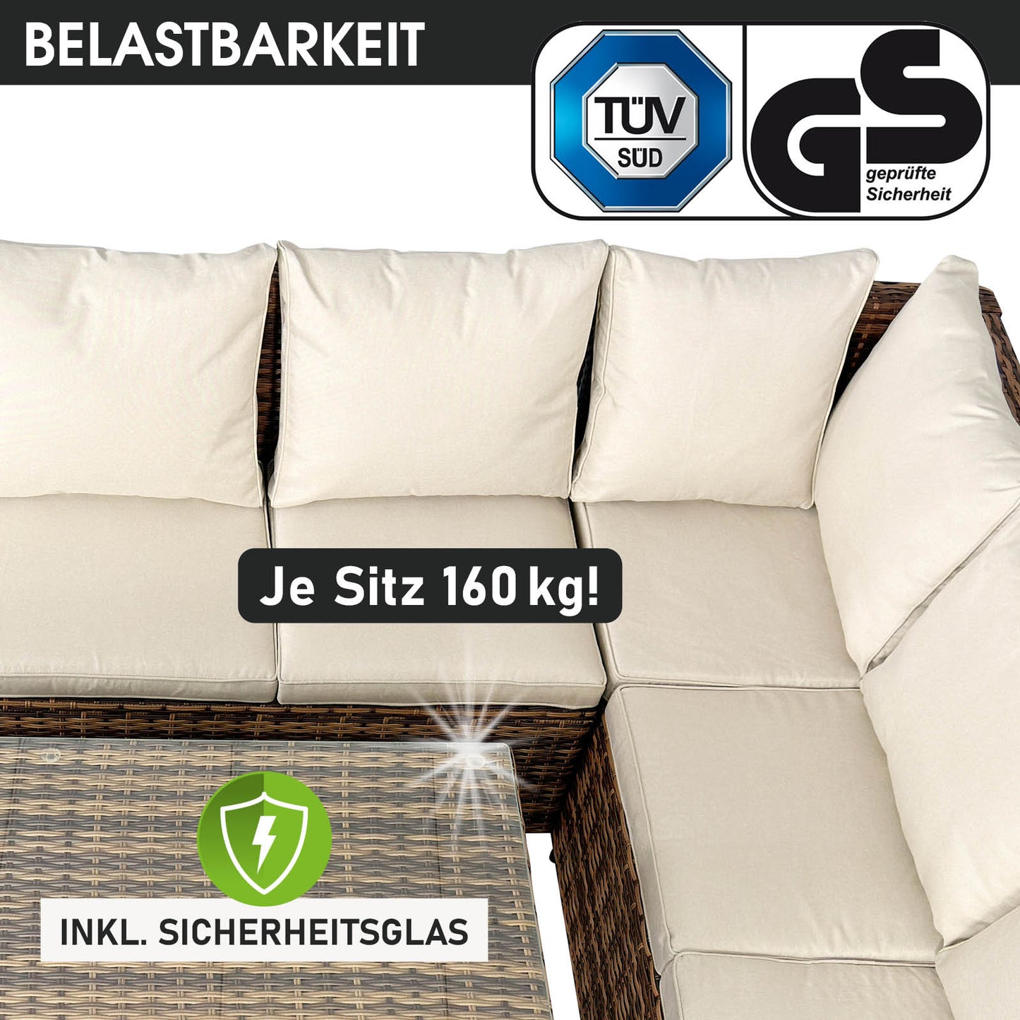 Poly-Rattan Eck Sitzgruppe in Braun und Beige mit beigen Polstern, moderne Gartenmöbel Sitzgruppe.