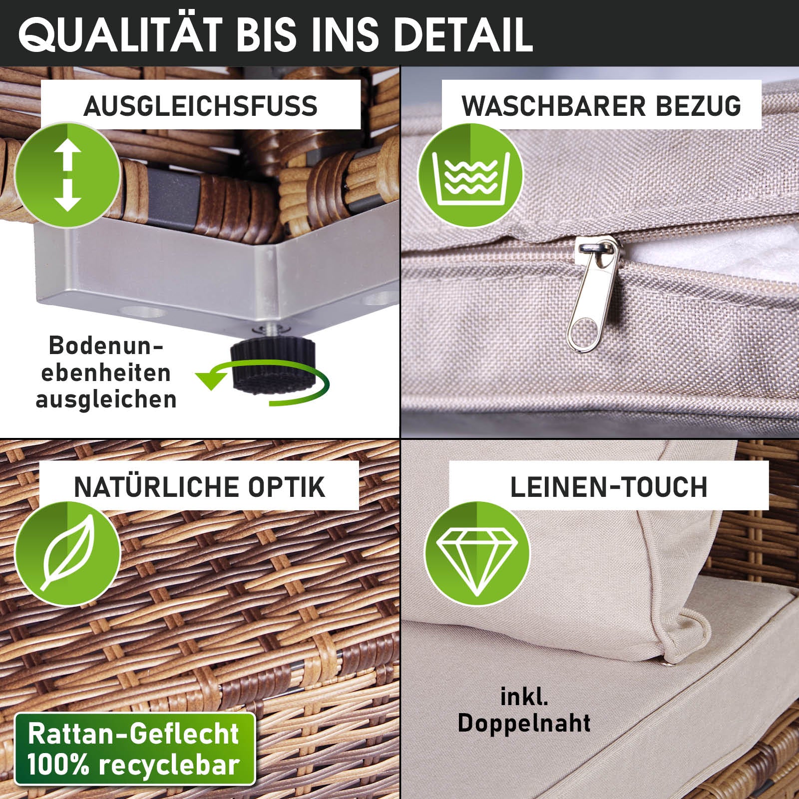 Braune Poly-Rattan Gartengarnitur mit waschbarem, beige Leinen-Bezug, Rattan Sitzgruppe mit Ausgleichsfuss für Gartenmöbel.