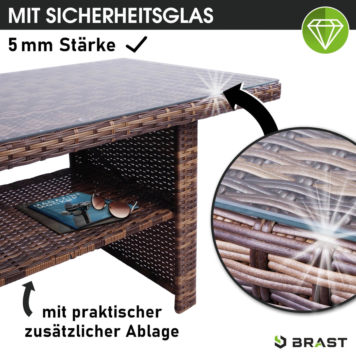 Braune Poly-Rattan Gartenmöbel Sitzgruppe mit Glasplatte und praktischer Ablage, Garten Sitzgruppe.