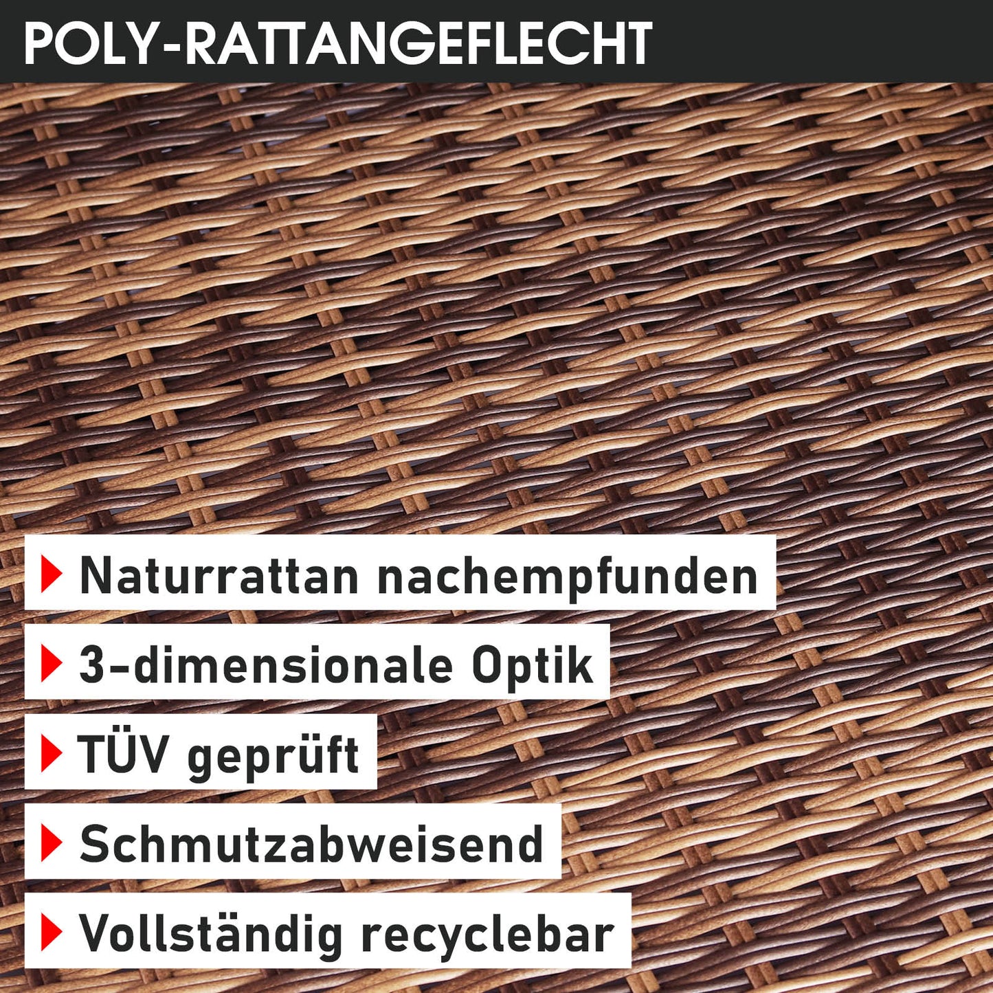 Braune Poly-Rattan Gartengarnitur mit 3D-Effekt, schmutzabweisend und recycelbar.