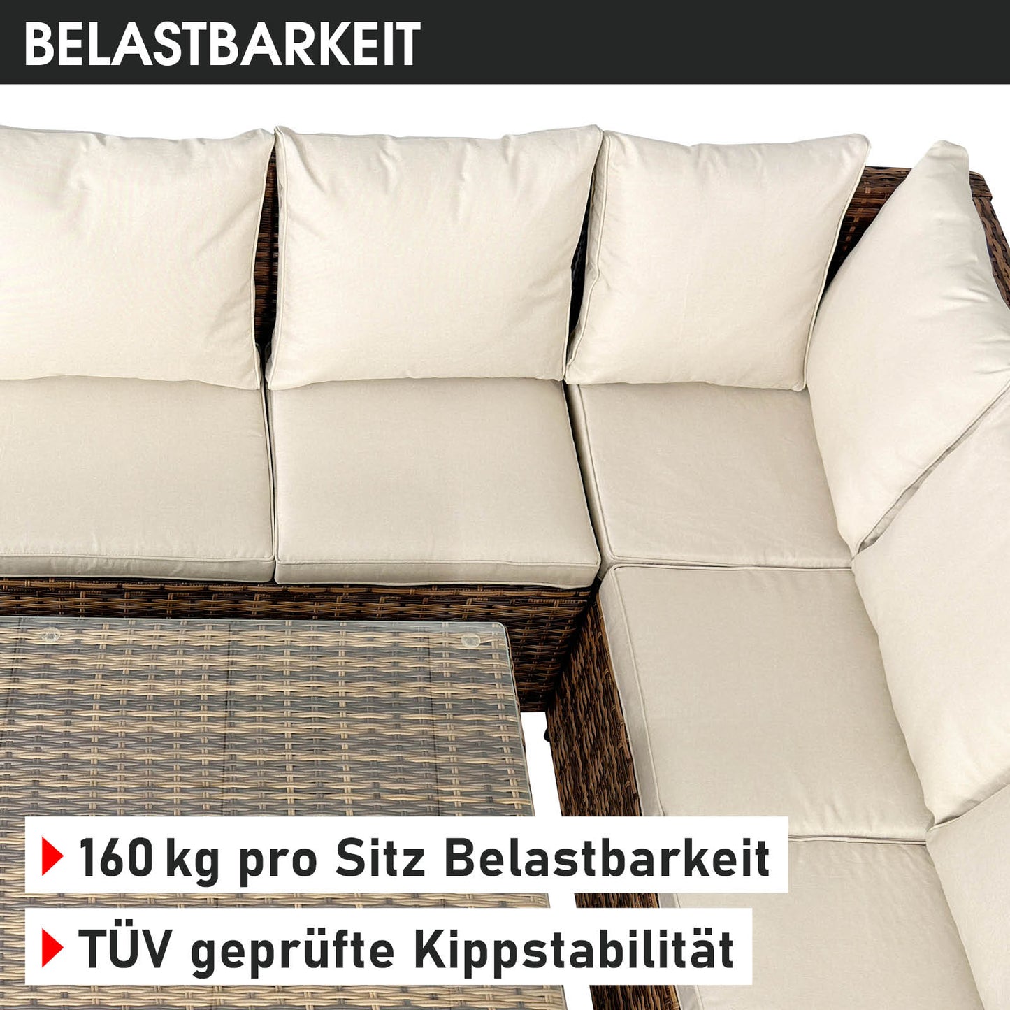 Eckige Polyrattan Gartengarnitur in Braun mit beigen Polstern, Sitzgruppe Garten für Balkon und Terrasse.