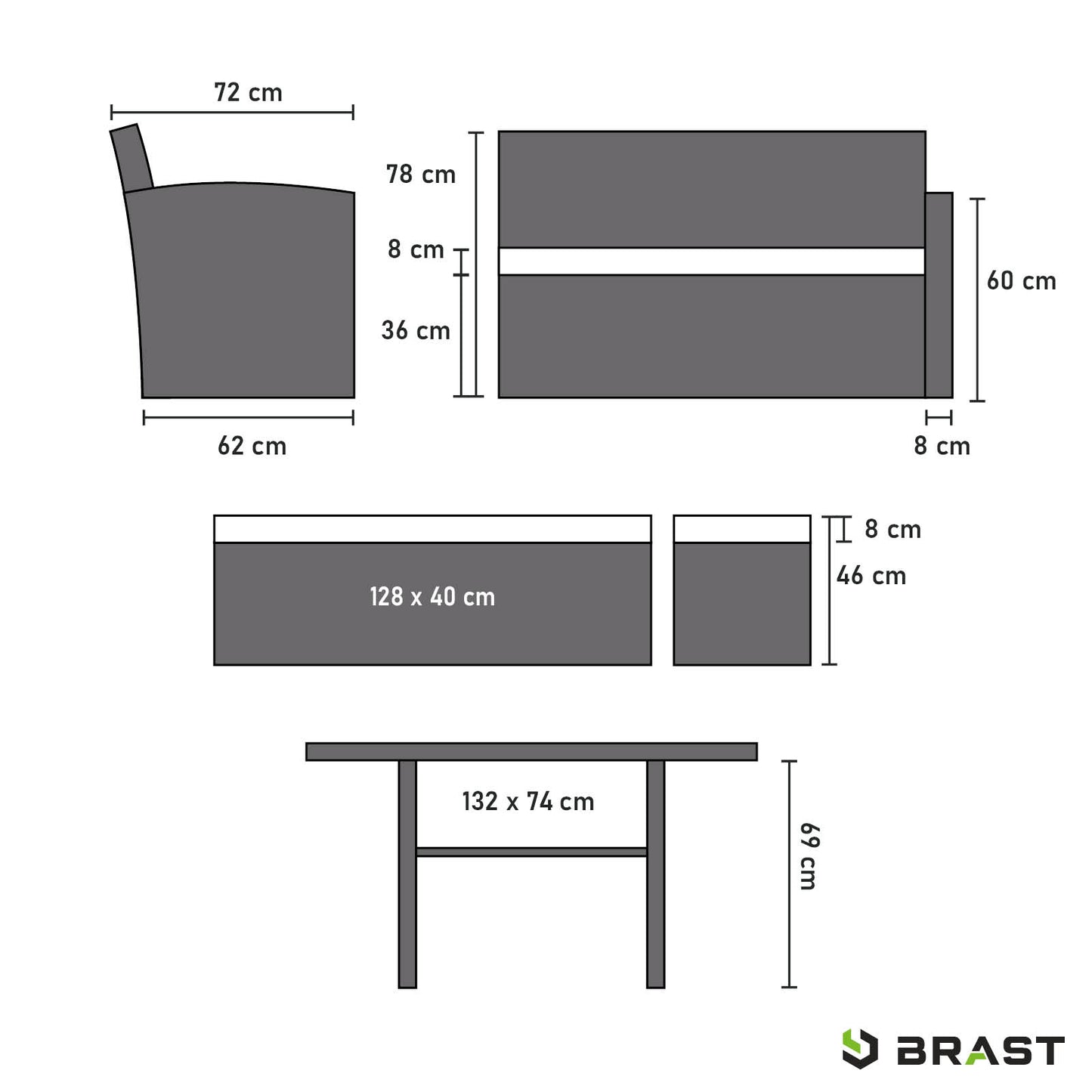 Braune Poly-Rattan Sitzgruppe Garten mit beigen Kissen, Ecksofa, Tisch und Hocker, Gartengarnitur Balkon Sitzgruppe.