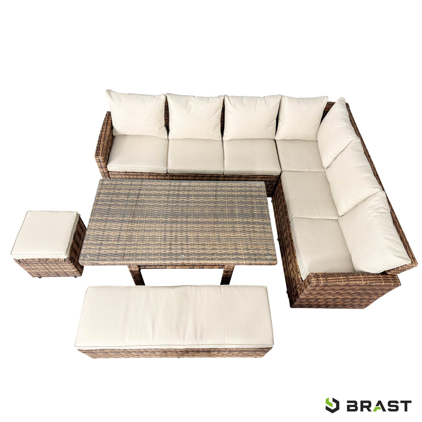 Braune Poly-Rattan Gartengarnitur mit beige Polstern, große Sitzgruppe Garten mit Tisch und Hockern, Balkon Sitzgruppe und.