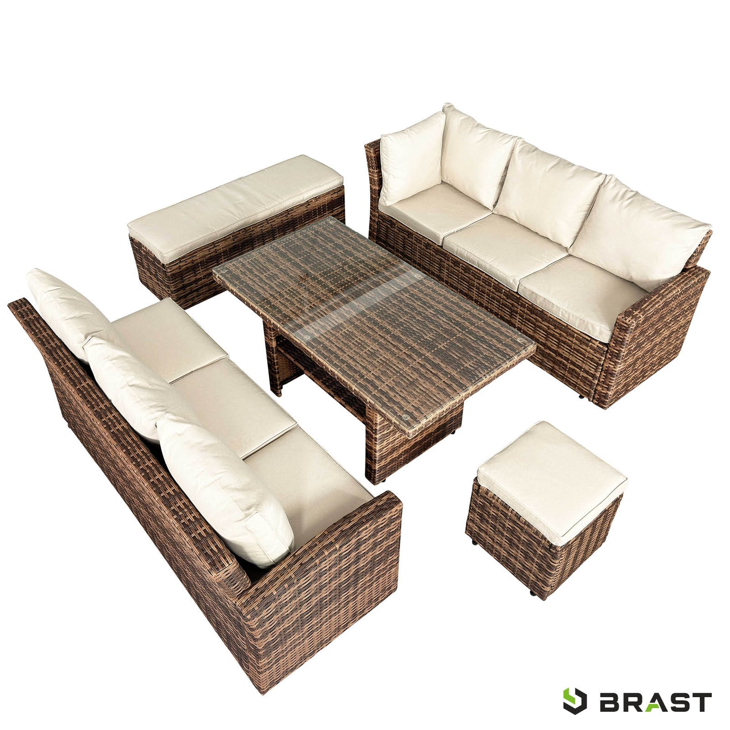 Braune Poly-Rattan Sitzgruppe Garten mit beige Polstern, Gartengarnitur für Balkon und Garten.