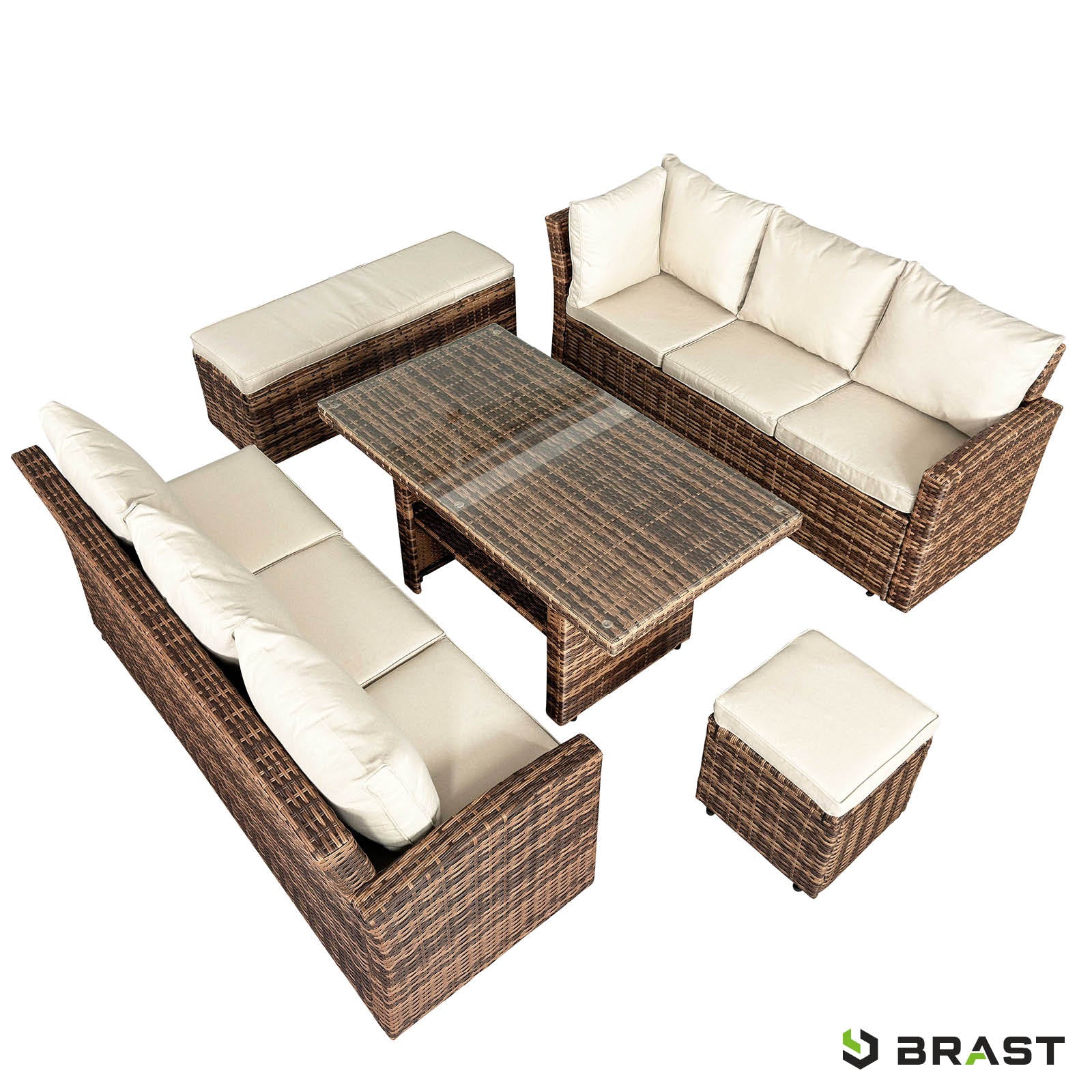 Braune Poly-Rattan Sitzgruppe Garten mit beige Polstern, Gartengarnitur für Balkon und Garten.