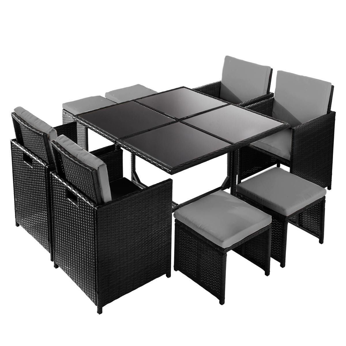 Schwarze Polyrattan Gartengarnitur mit Tisch, 4 Sesseln, 4 Hockern und grauen Polstern, Sitzgruppe Garten.