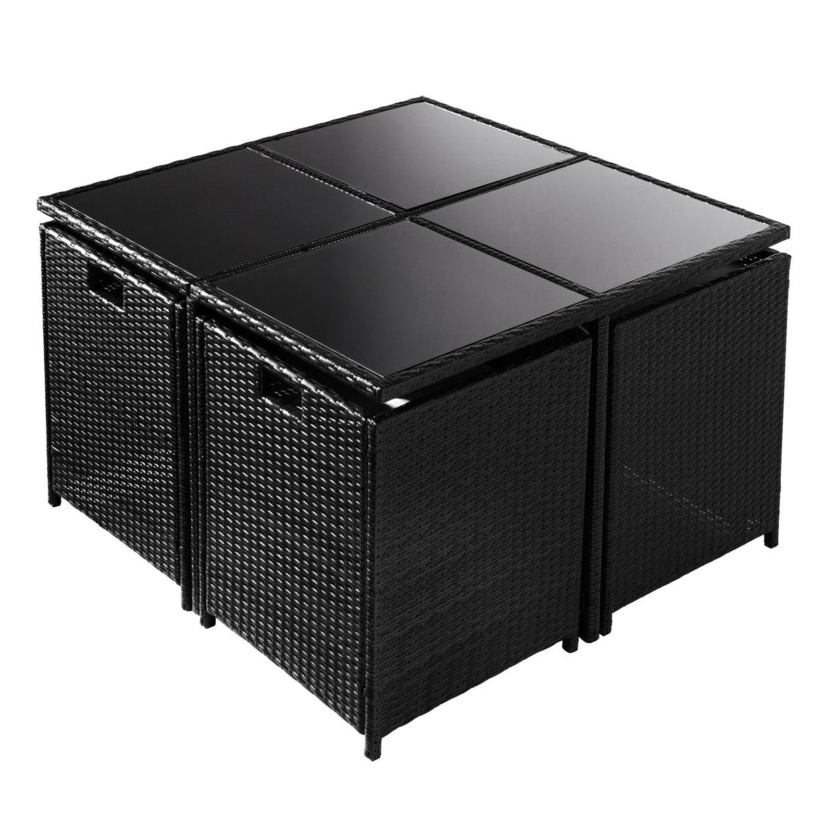 9-teiliges schwarzes Polyrattan Gartengarnitur-Set mit quadratischem Tisch und Hockern, platzsparend stapelbar.