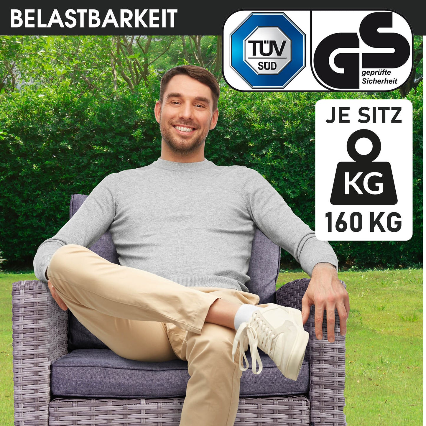 Graue Polyrattan Gartengarnitur Sitzgruppe Garten mit dunkelgrauen Kissen, moderne Rattan Sitzgruppe.