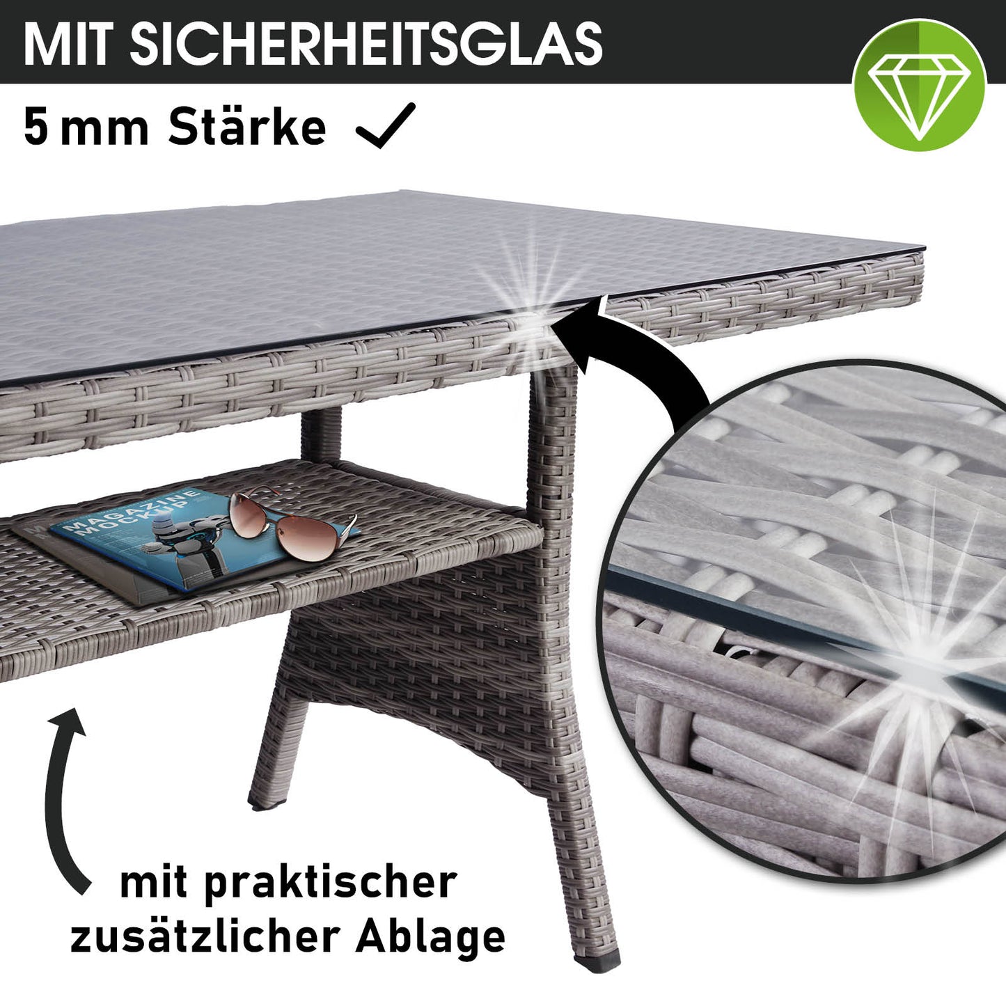 Grau-anthrazit Polyrattan Gartengarnitur mit sicherem Sicherheitsglas-Tisch und Ablagefach, Sitzgruppe Garten und Balkon.