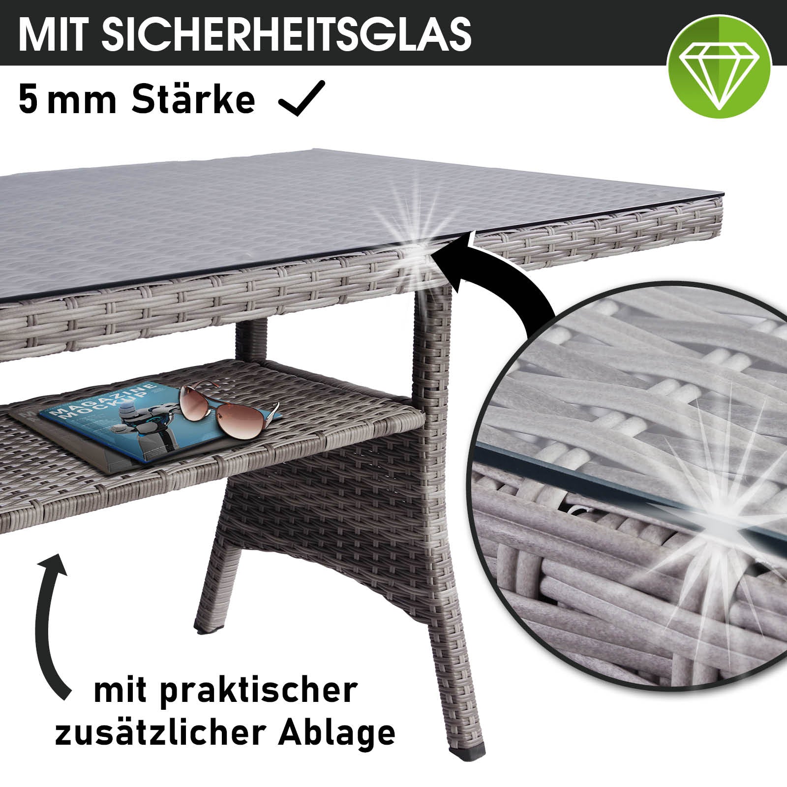Grau-anthrazit Polyrattan Gartengarnitur mit sicherem Sicherheitsglas-Tisch und Ablagefach, Sitzgruppe Garten und Balkon.