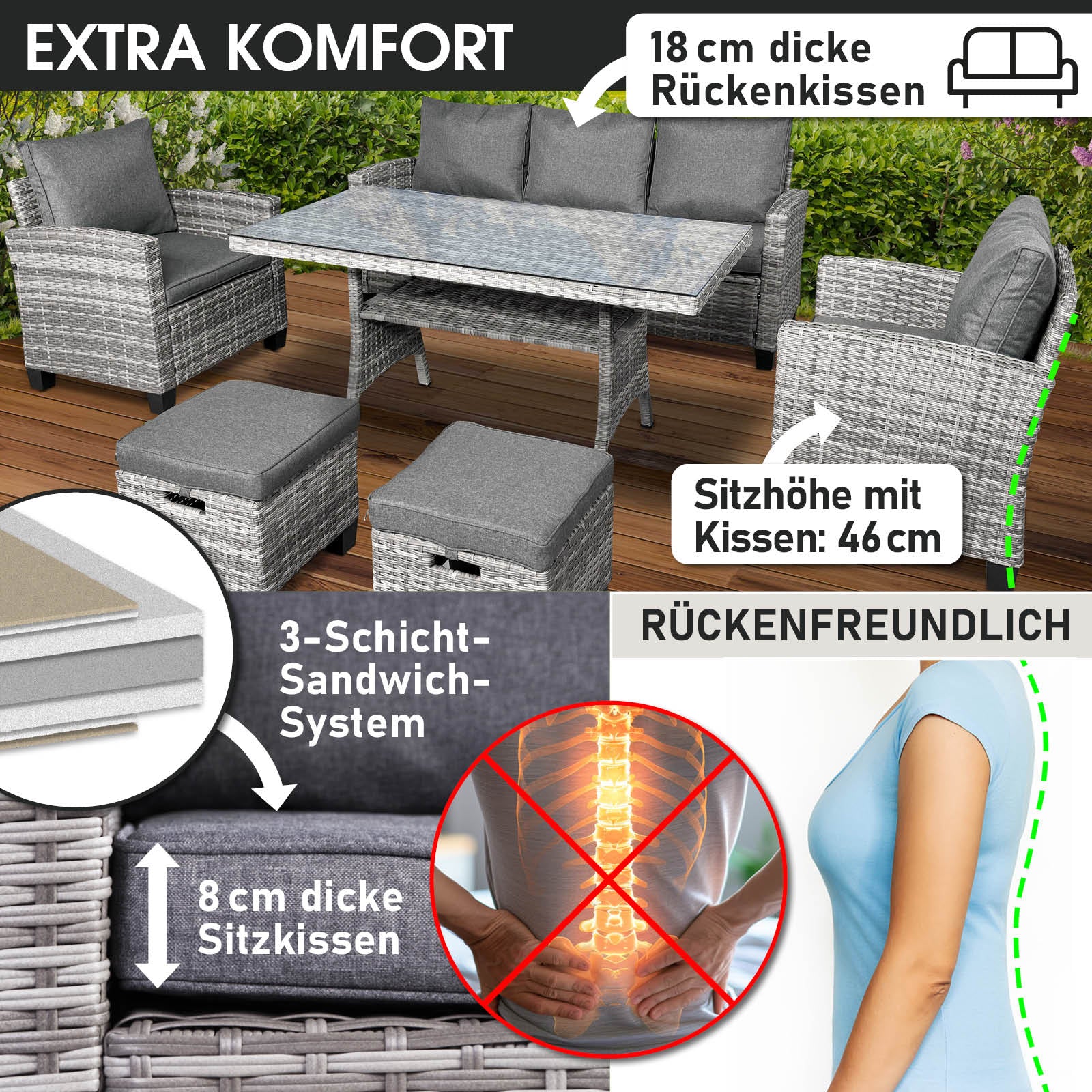 Grau-anthrazit Polyrattan Gartengarnitur mit Glas-Tisch, Sofa, Hockern und dicken Kissen, Sitzgruppe Garten.