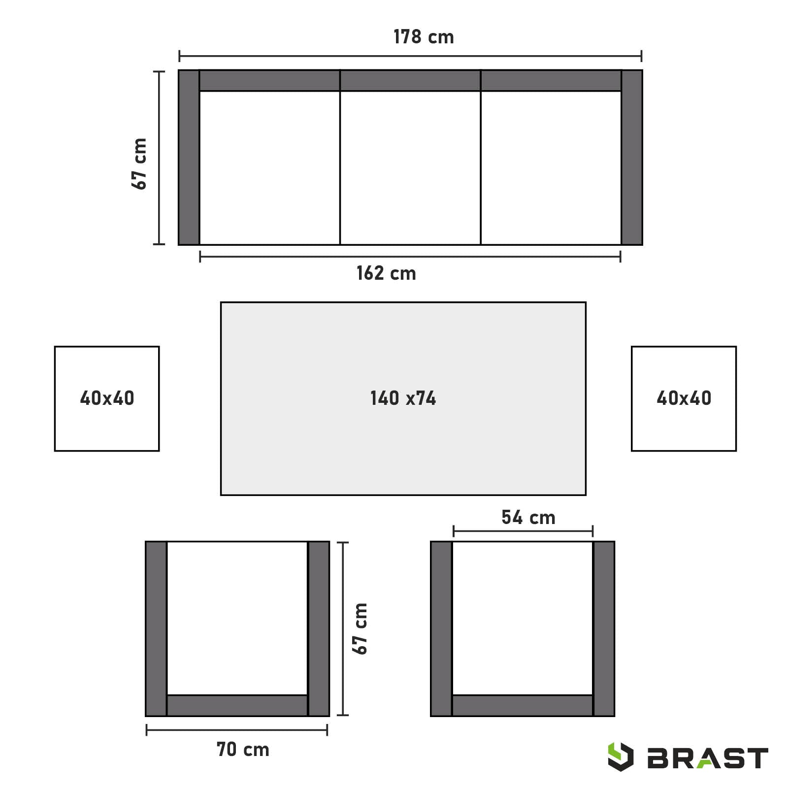 Graue Polyrattan Gartengarnitur mit Sofa, Sesseln und Tisch, kompakte Sitzgruppe Garten.