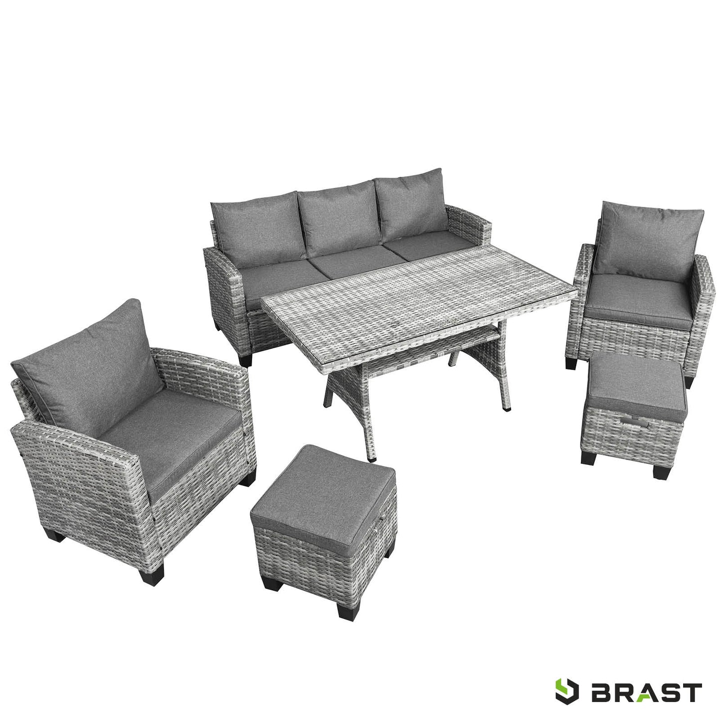 Grau-anthrazitfarbene Polyrattan Gartengarnitur mit Sofa, Sessel, Tisch und Hockern, moderne Sitzgruppe Garten.