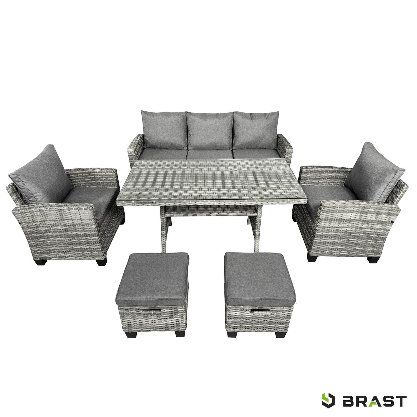 Grau-anthrazit Polyrattan Sitzgruppe Garten mit Sofa, Sessel, Tisch und Hockern Gartengarnitur.