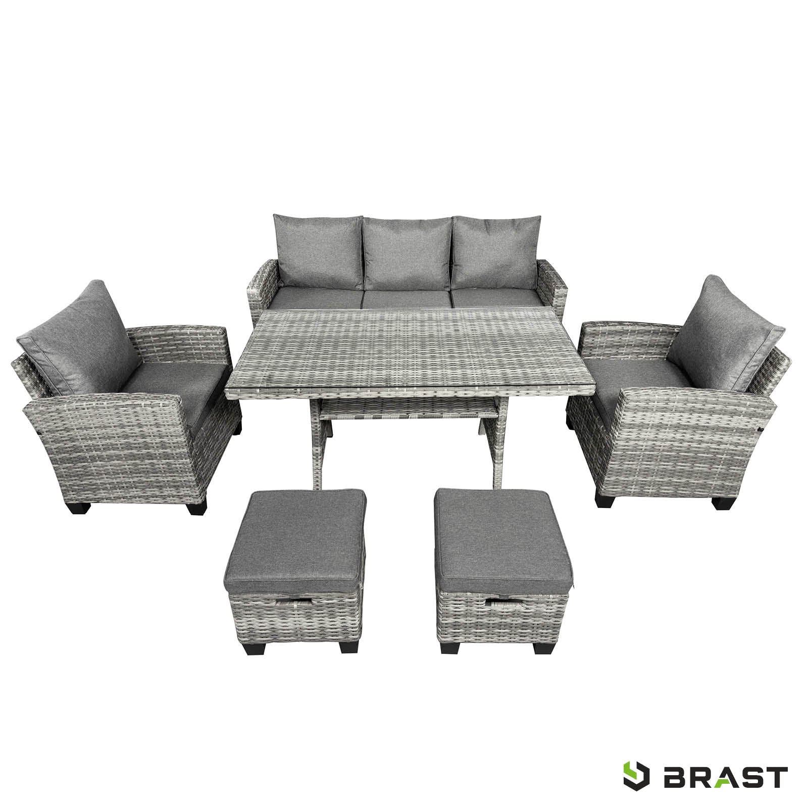 Grau-anthrazit Polyrattan Sitzgruppe Garten mit Sofa, Sessel, Tisch und Hockern Gartengarnitur.