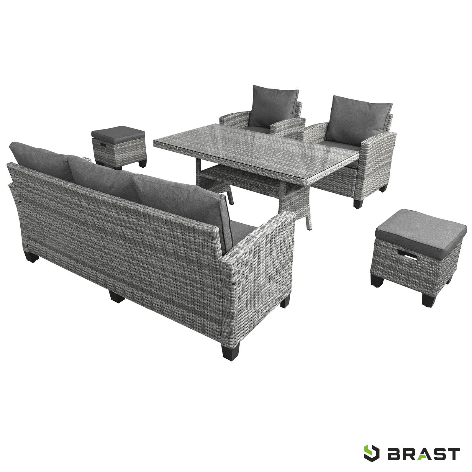 Graue Polyrattan Gartengarnitur mit Sofa, Sessel, Tisch und Hockern, Sitzgruppe Gartenmöbel.