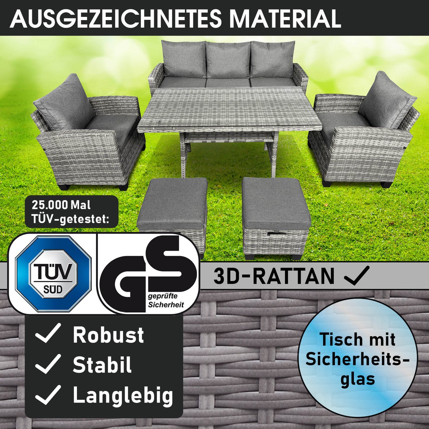 Grau-anthrazit Polyrattan Gartengarnitur mit Tisch und Polstern, robuste Rattan Sitzgruppe Garten.