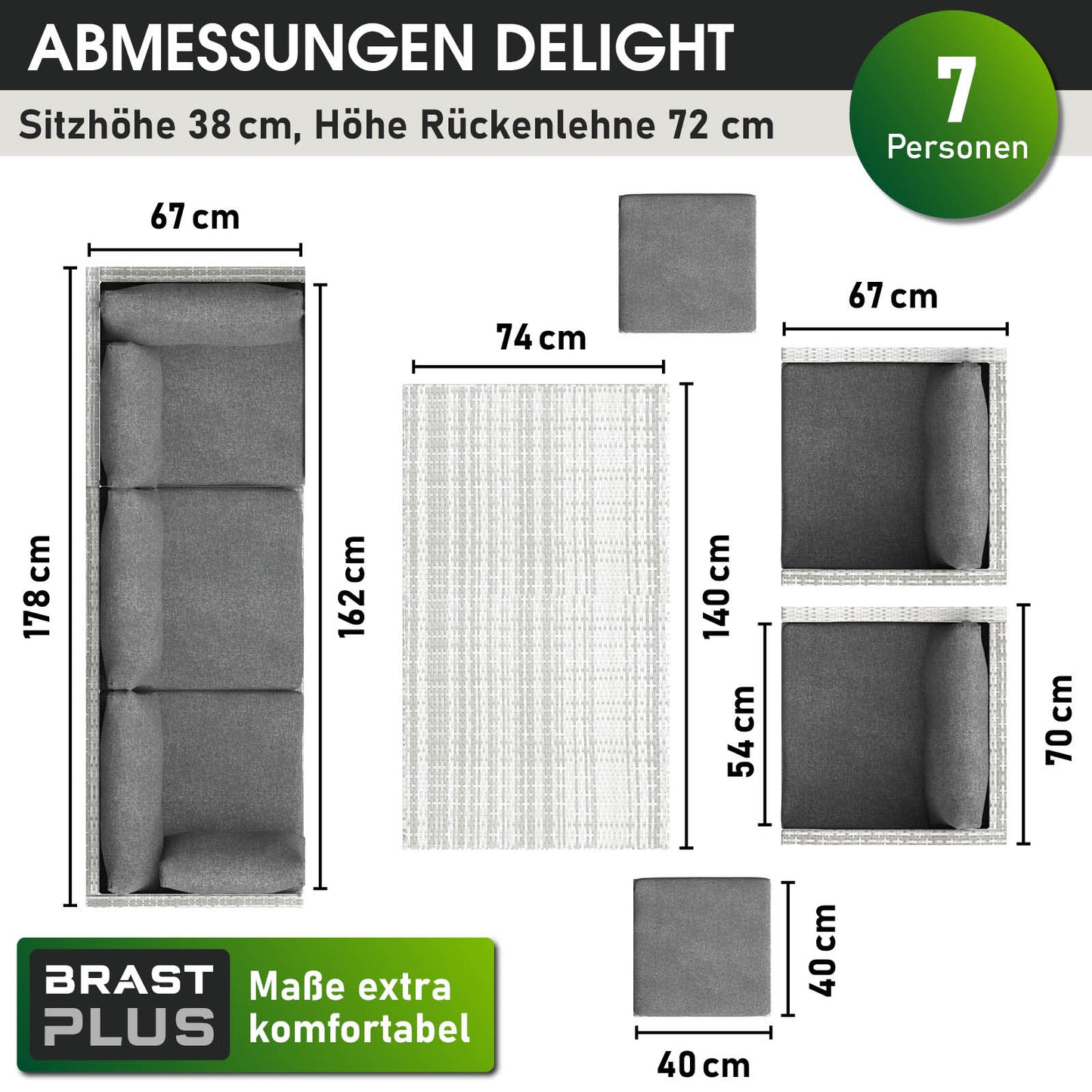 Grau-anthrazit Polyrattan Gartengarnitur für 7 Personen mit Kissen und großem Esstisch, Sitzgruppe Garten.