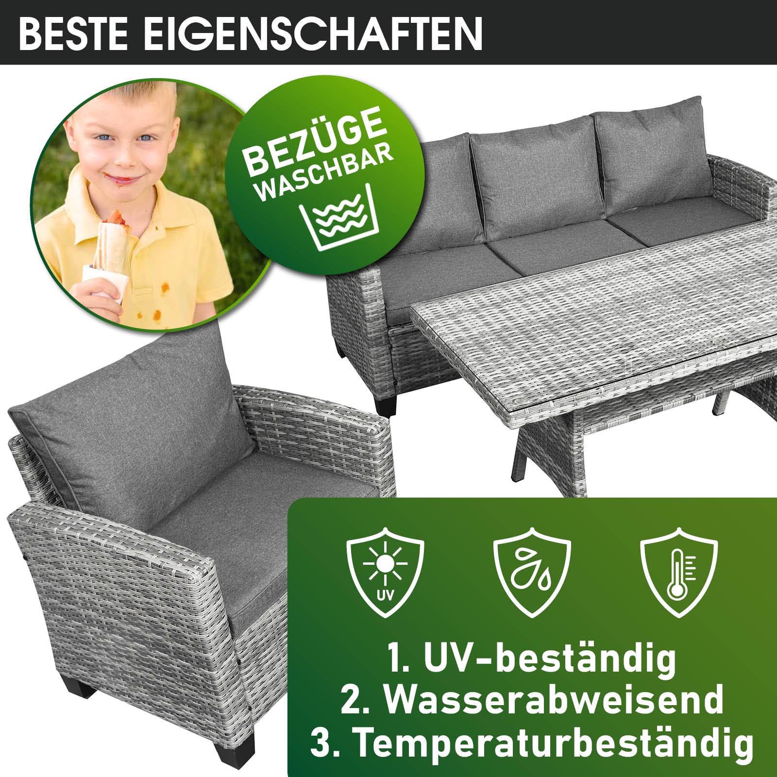 Grau-anthrazit Polyrattan Garten Sitzgruppe bestehend aus Sofa, Sessel und Tisch, wetterfeste Kissen, moderne Gartenmöbel.