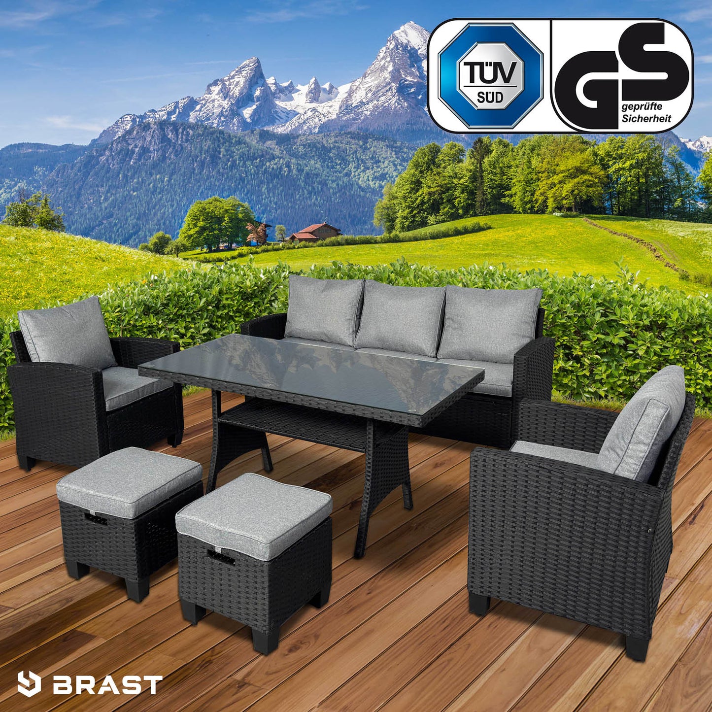 Schwarze Polyrattan Gartengarnitur DELIGHT-7 mit grauen Sitzkissen, Ecksofa, Sessel, Hocker und rechteckigem Tisch, moderne.