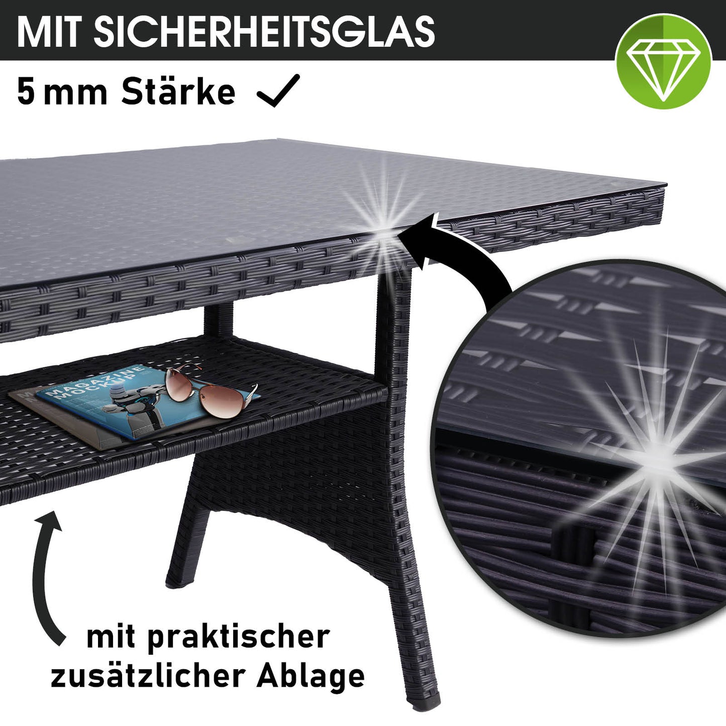 Schwarze Polyrattan Gartengarnitur mit grauem Sicherheitsglas-Tisch, praktische Ablage, Sitzgruppe Garten ideal für Balkon.