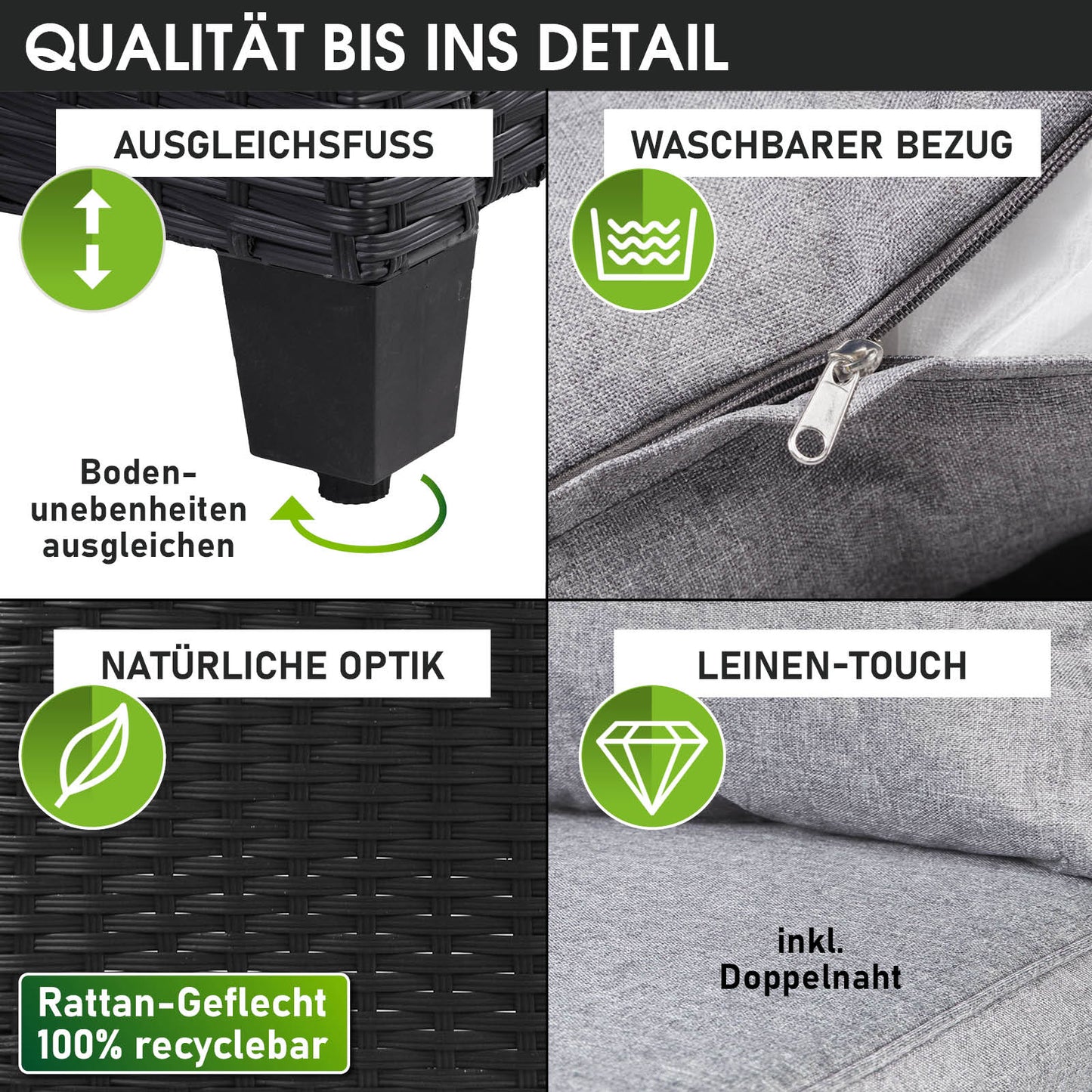 Schwarze Polyrattan Gartengarnitur mit höhenverstellbaren Füßen und waschbarem, grauem Leinen-Bezug für Gartenmöbel.