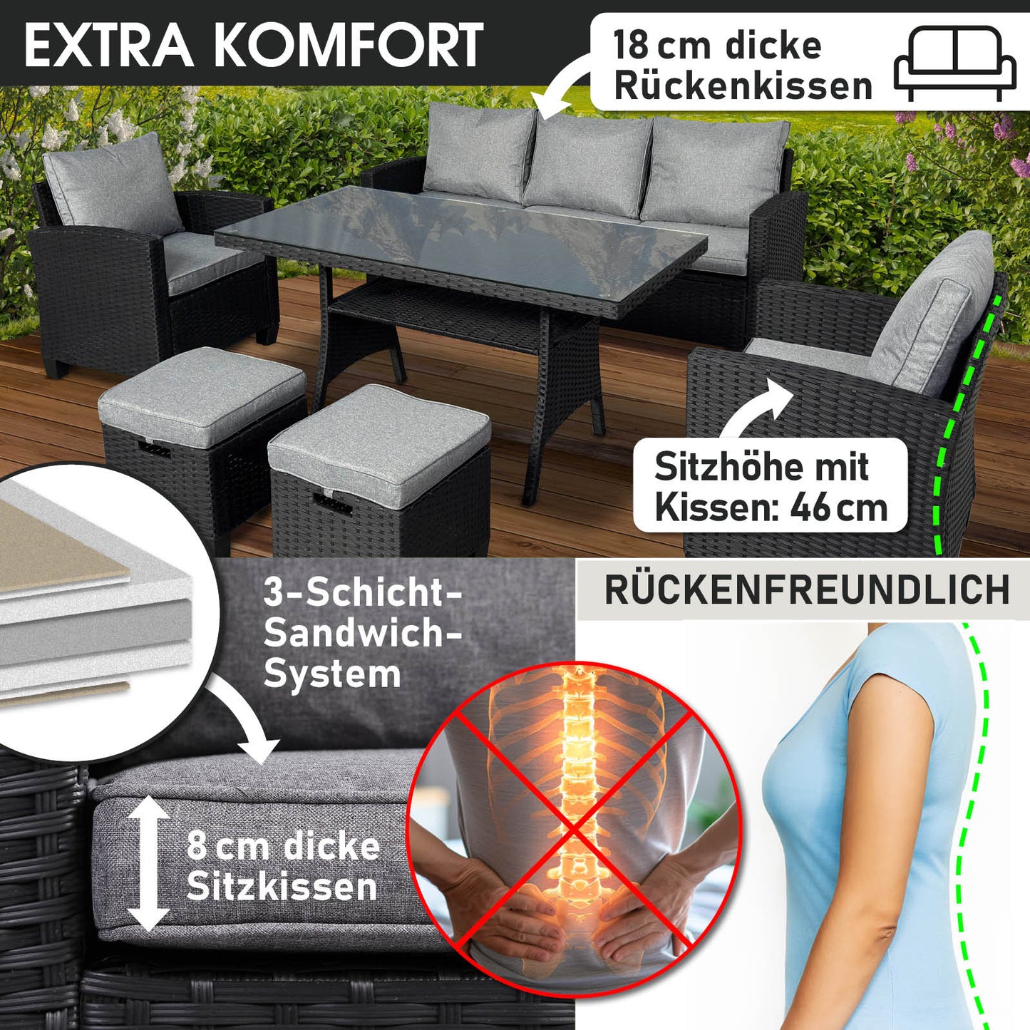 Schwarze Polyrattan Gartengarnitur mit grauen Sitz- und Rückenkissen, Tisch mit Glasplatte, Gartenmöbel Sitzgruppe für.