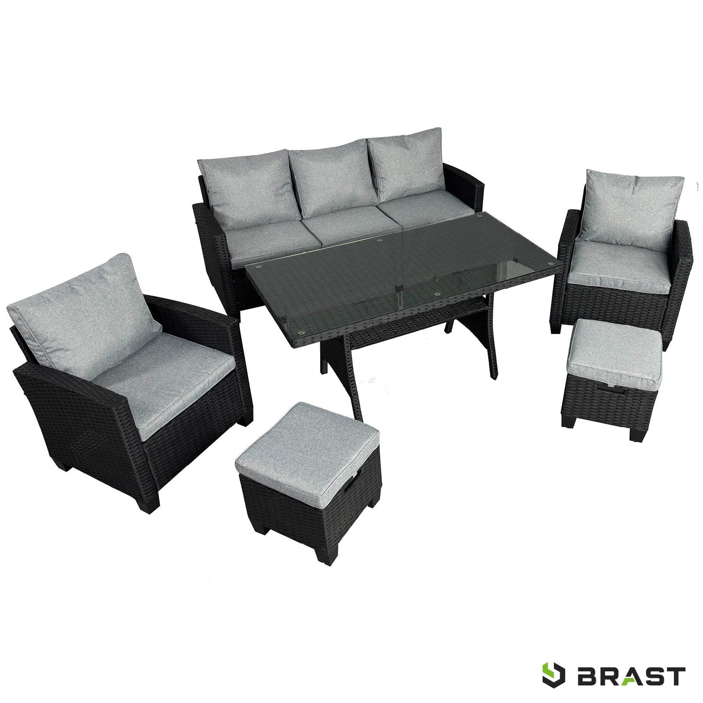 Schwarze Polyrattan Gartengarnitur mit grauen Polstern, bestehend aus Sitzgruppe Garten mit Sofa, zwei Sesseln und Hockern,.