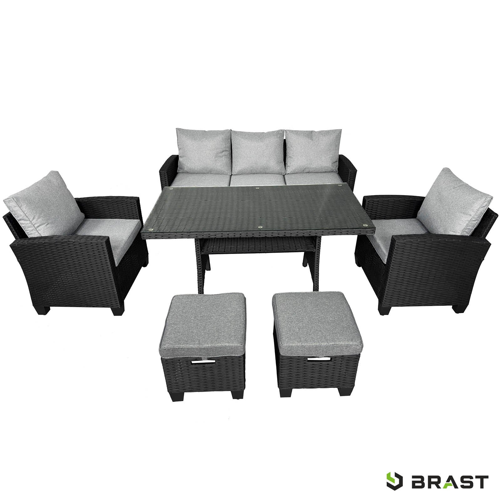 Schwarze Polyrattan Gartengarnitur mit grauen Kissen, Tisch, zwei Sesseln und zwei Hockern, Sitzgruppe Garten.