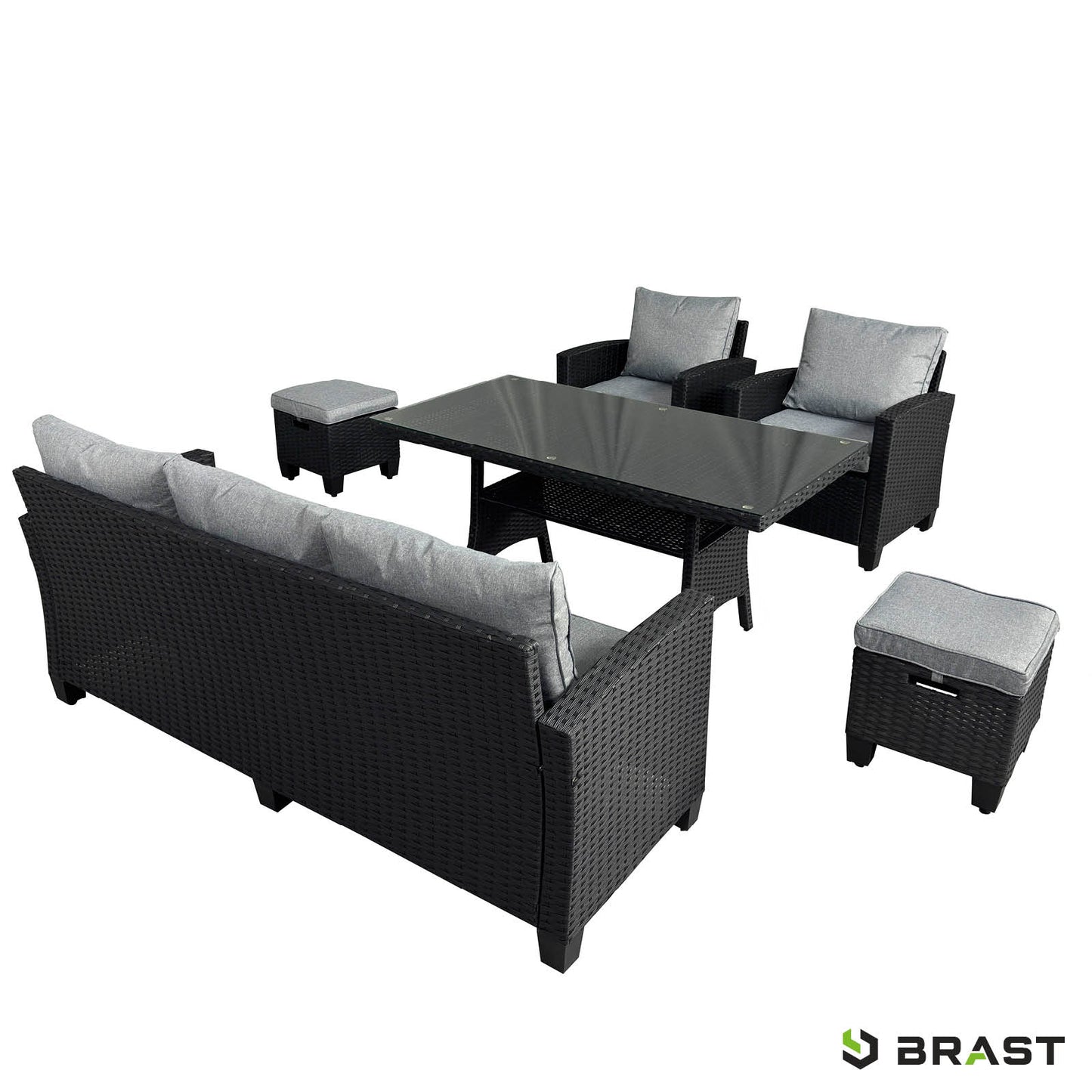 Schwarze Polyrattan Garten Sitgruppe Delight-7 mit grauen Kissen, Tisch und Hockern, moderne Gartengarnitur für Balkon und.
