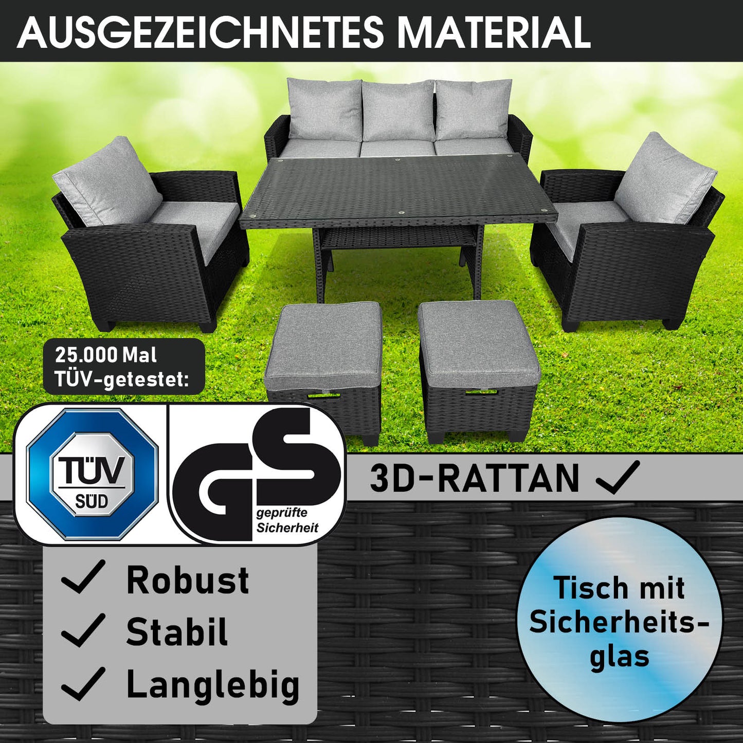 Schwarze Polyrattan Gartengarnitur mit grauen Kissen, Tisch mit Sicherheitsglas, Gartenmöbel Sitzgruppe.